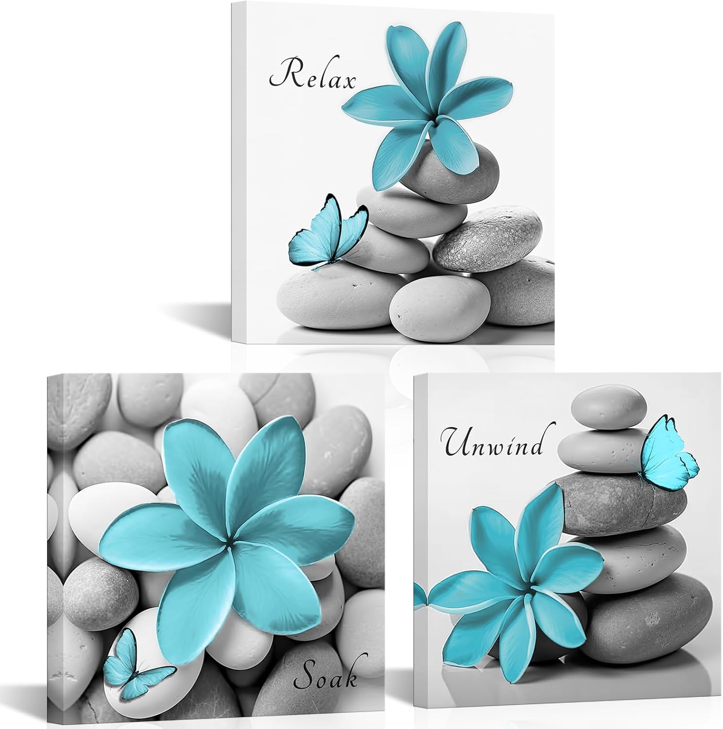 Teal Blue Floral Bathroom Wall Art Zen Stone Buterfly Plumeria Flower Picture Framed For Bathroom Spa Room Meditation Canvas Decor Elegant Cozy Relaxation Art Wall Decor,12"x12"x3