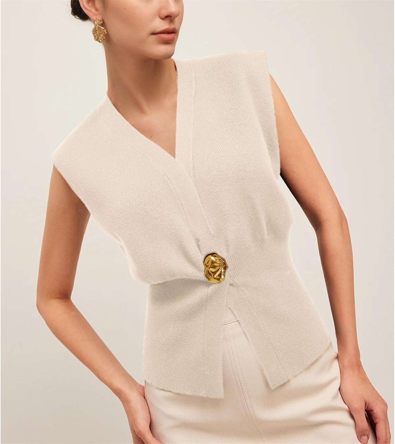 Womens Sleeveless Sweater Vest Deep V Neck Button Down Waist Cinched Knit Trendy Solid Pullover Tank Tops - Image 4