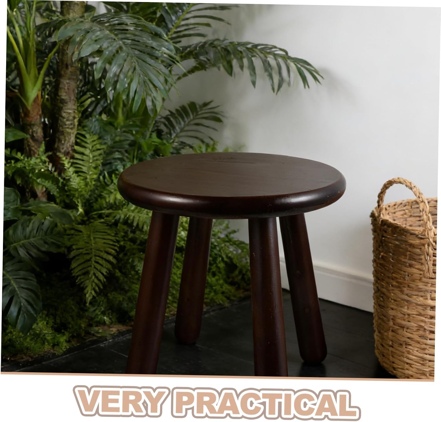 Healifty Solid Wood Step Stool Small Round Sitting Stool 9.5" Walnut Color with Four Legs for Bathroom Kitchen and Indoor Plant Stand