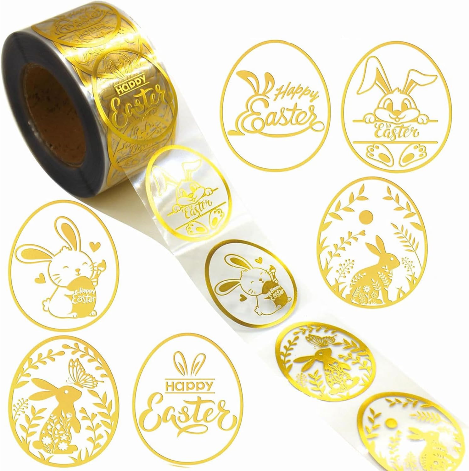 500Pcs Gold Happy Easter Stickers Roll Cute Butterfly Rabbit Stickers Self-Adhesive Easter Egg Decorative Stickers Cartoon Bunny Label Stickers for Envelopes, Greeting Cards, Gift Boxes Designs
