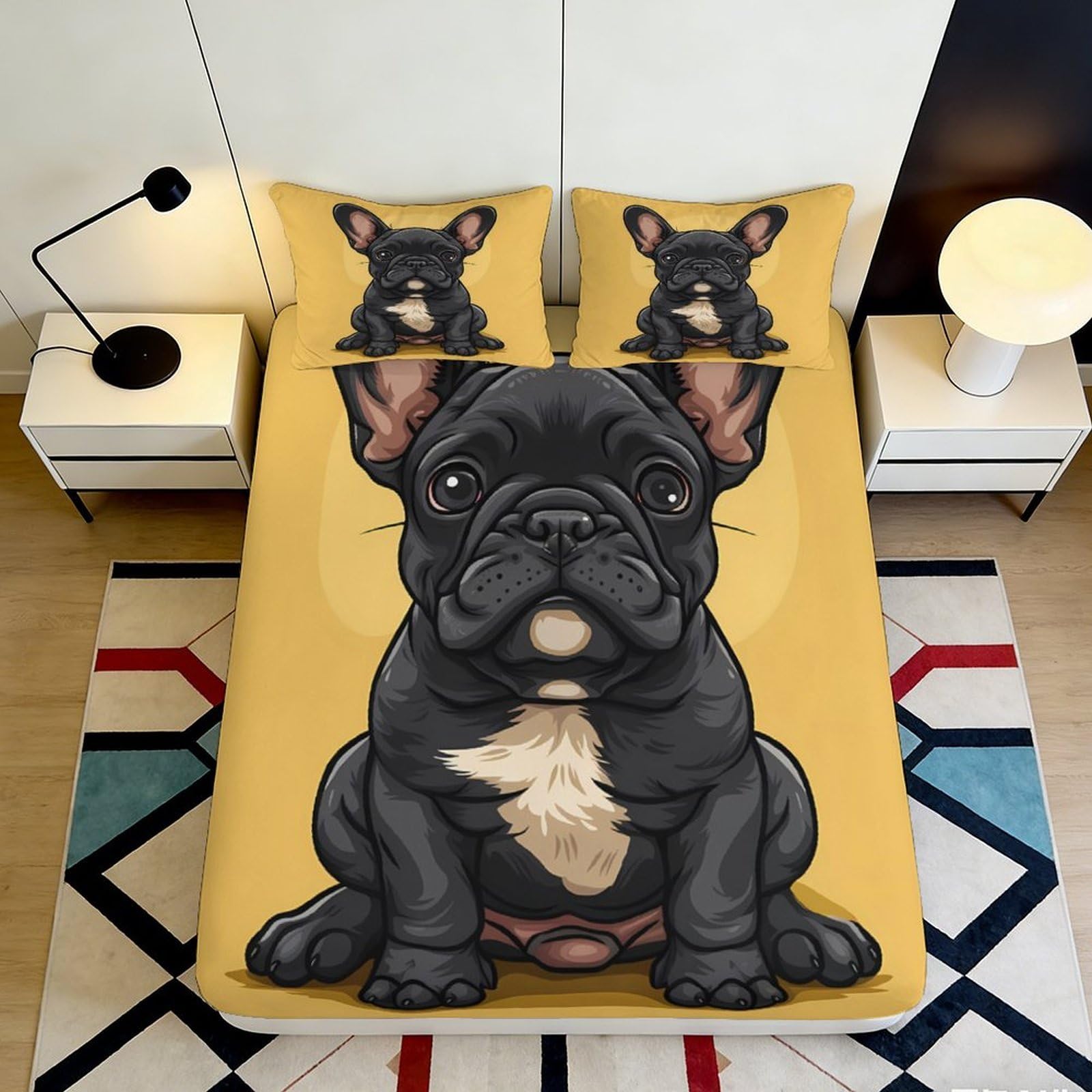 3D Printed French Bulldog Fitted Sheet Microfiber Soft Durable Yellow Cartoon Bed Sheet for Bedroom Dormitory Guest Room Mattress Protection Decor 180x200x25cm