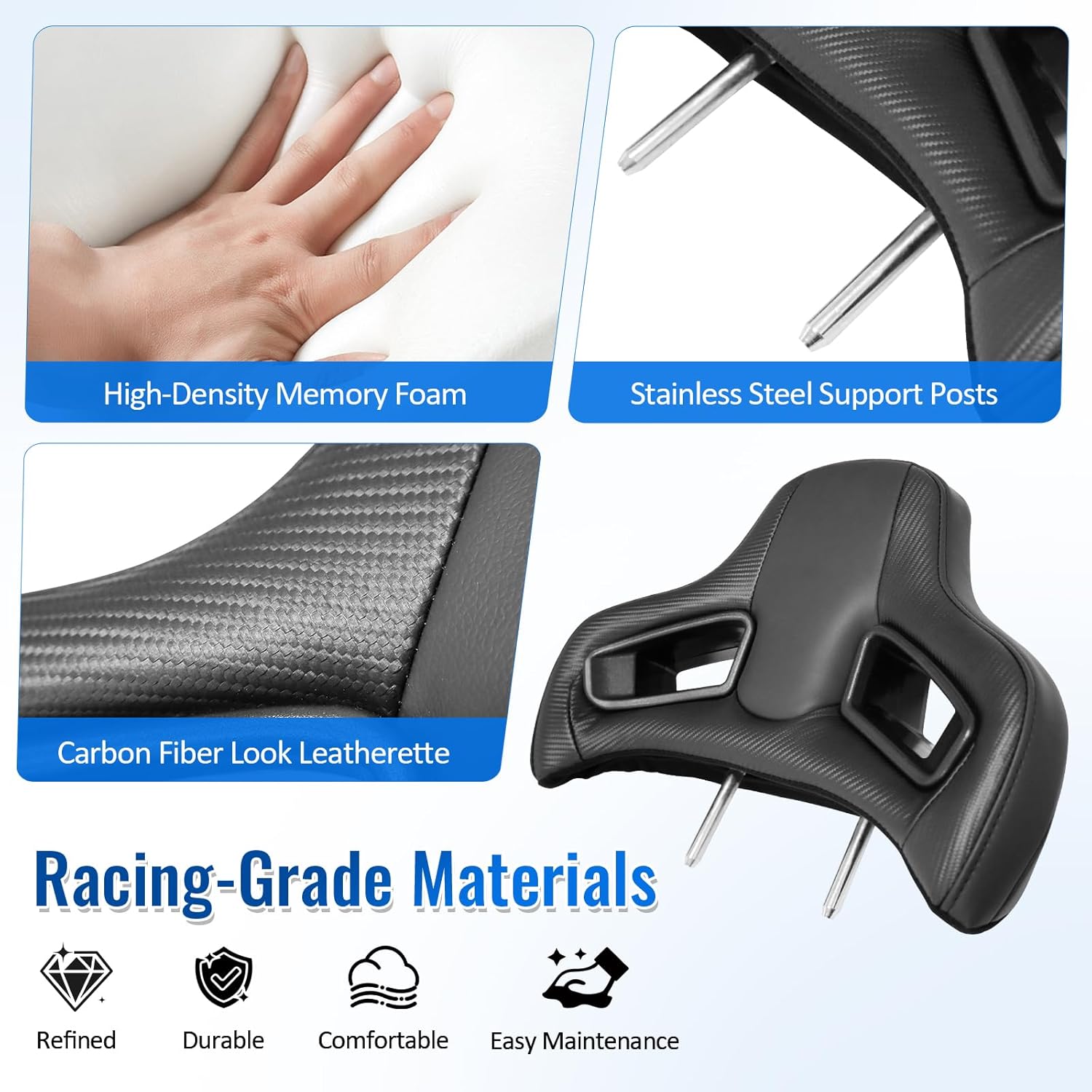 FREEMOTOR802 19.5 x 13.4″ Racing Seat Headrests, Post Diameter 0.39″, Spacing 5.91″, Sport Headrest Inserts Factory Seats Upgrade, 4 Point Harness Compatible, Black Carbon Fiber Look, 1-Pair
