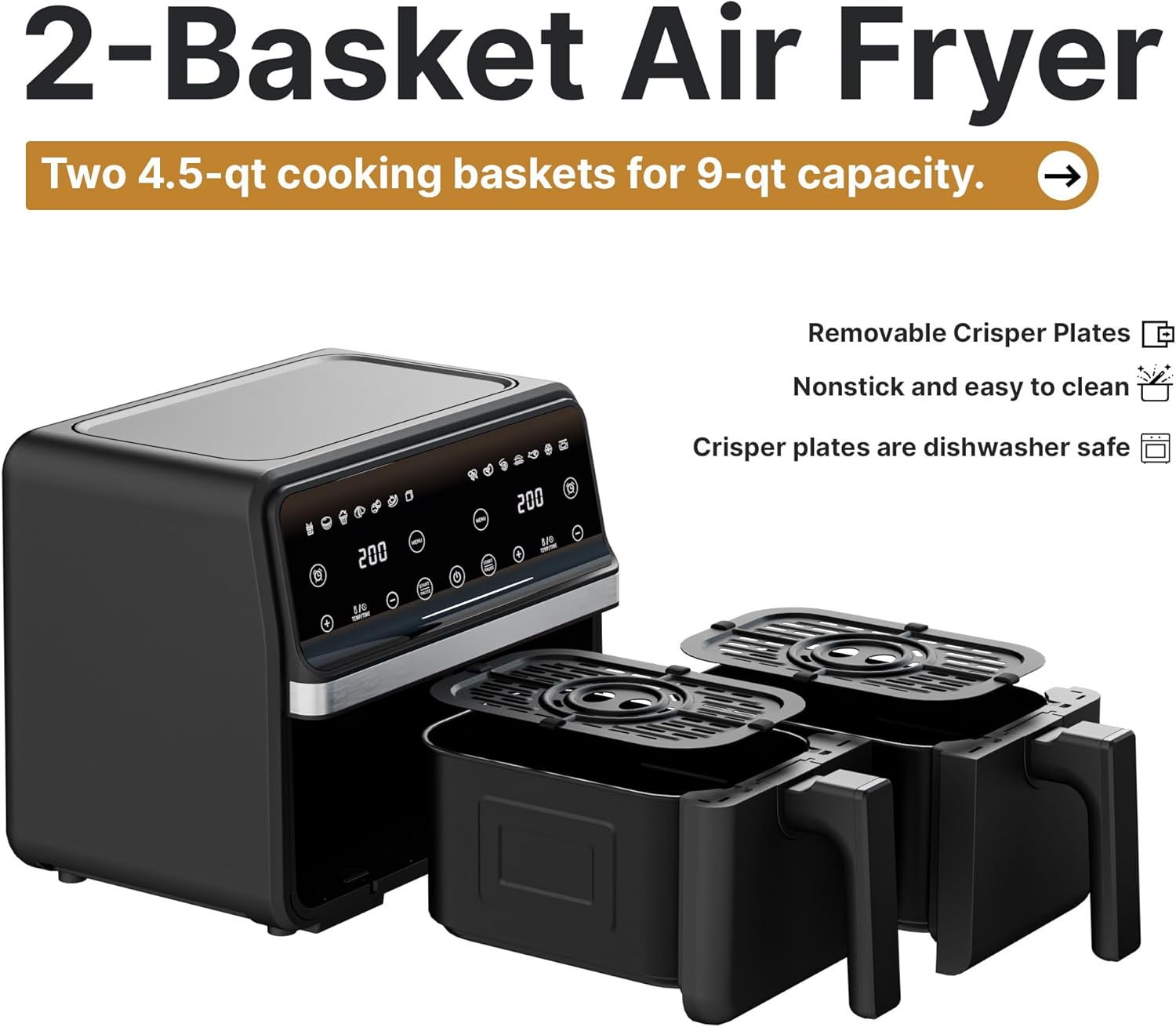 Dual Air Fryer with 2 Independent Baskets, 9QT (2x4.5QT) 2200W Double Air Fryer for Family, Sync & Match Cooking