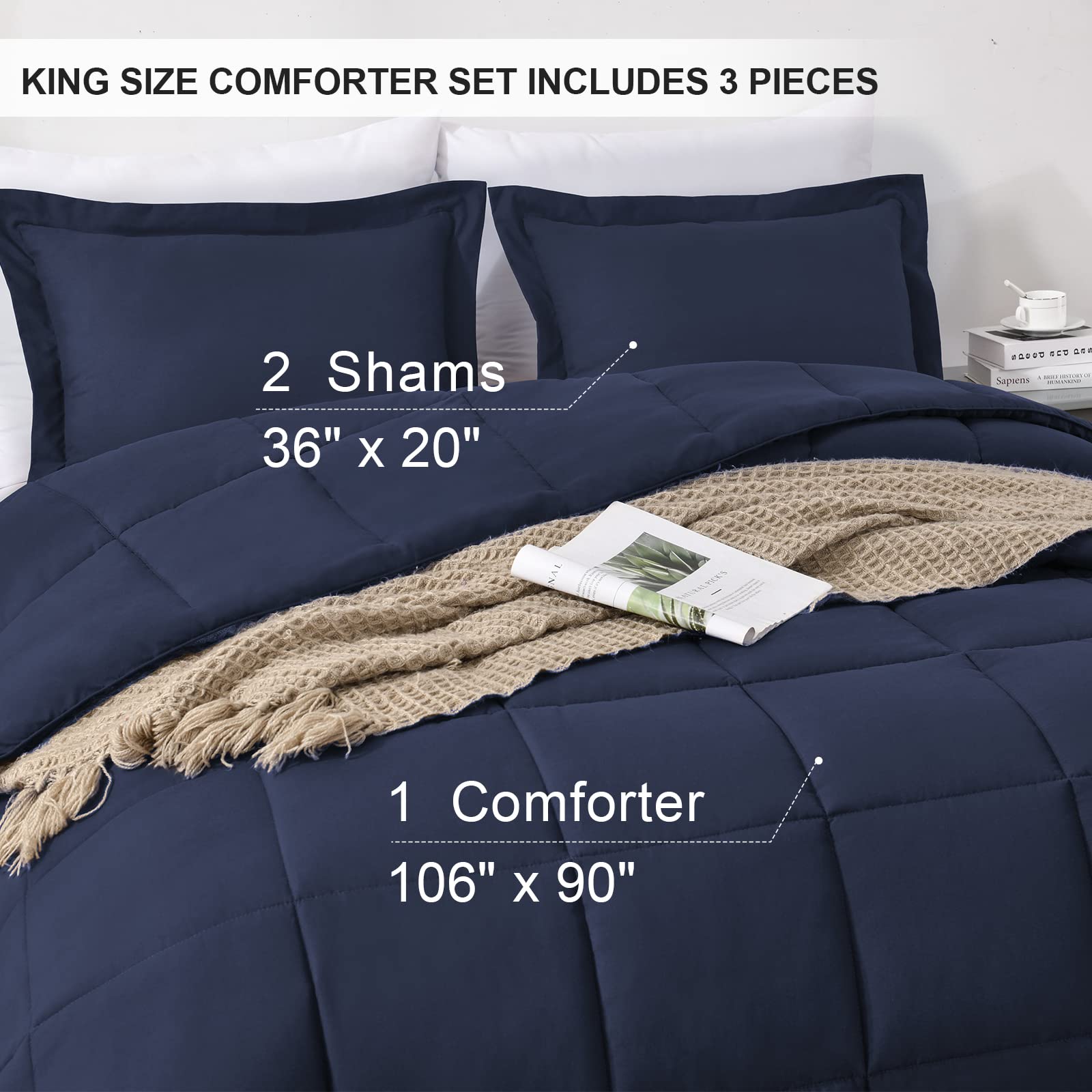 Homelike Moment King Comforter Set Navy Lightweight Comforter Set Down Alternative Comforter with 2 Pillow Shams - 3 Piece Bed Comforter Set All Season King Size Navy Blue