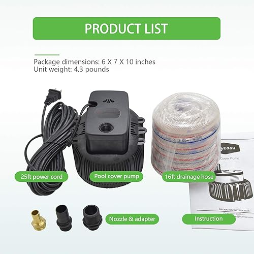 Miniatura 8 de Surmountway - Bomba de cubierta de piscina sobre el suelo de 850 GPH, bomba de agua para drenaje de piscina con 3 adaptadores, manguera de drenaje