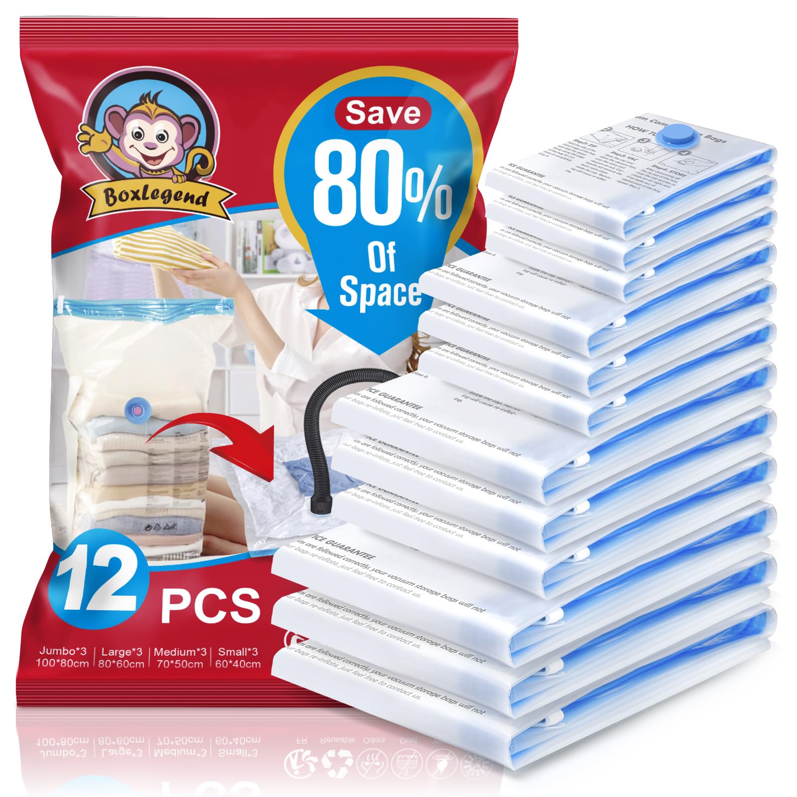 BoxLegend Sacchetti Sottovuoto Vestiti Sacchetti Sottovuoto 12 Pezzi Tipo Spesso 3XL*100x80+ 3L*80x60+ 3M*70x50+ 3S*60x40cm Riutilizzabili per Contenere Coperte Vestiti Lenzuola Piumoni Cuscini