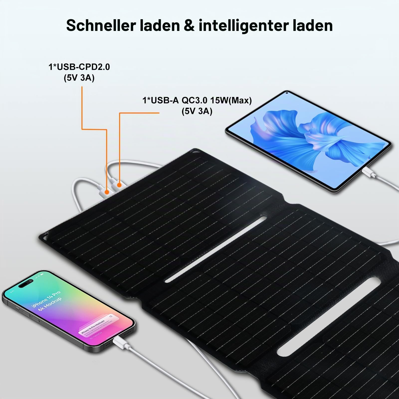 Yinleader 30W Tragbares Solarpanel – Faltbares Solarladegerät mit 18W USB-C & USB-A QC3.0 Schnellladung, IP65 Wasserdicht, Kompatibel mit Handy, Tablet, Powerstation