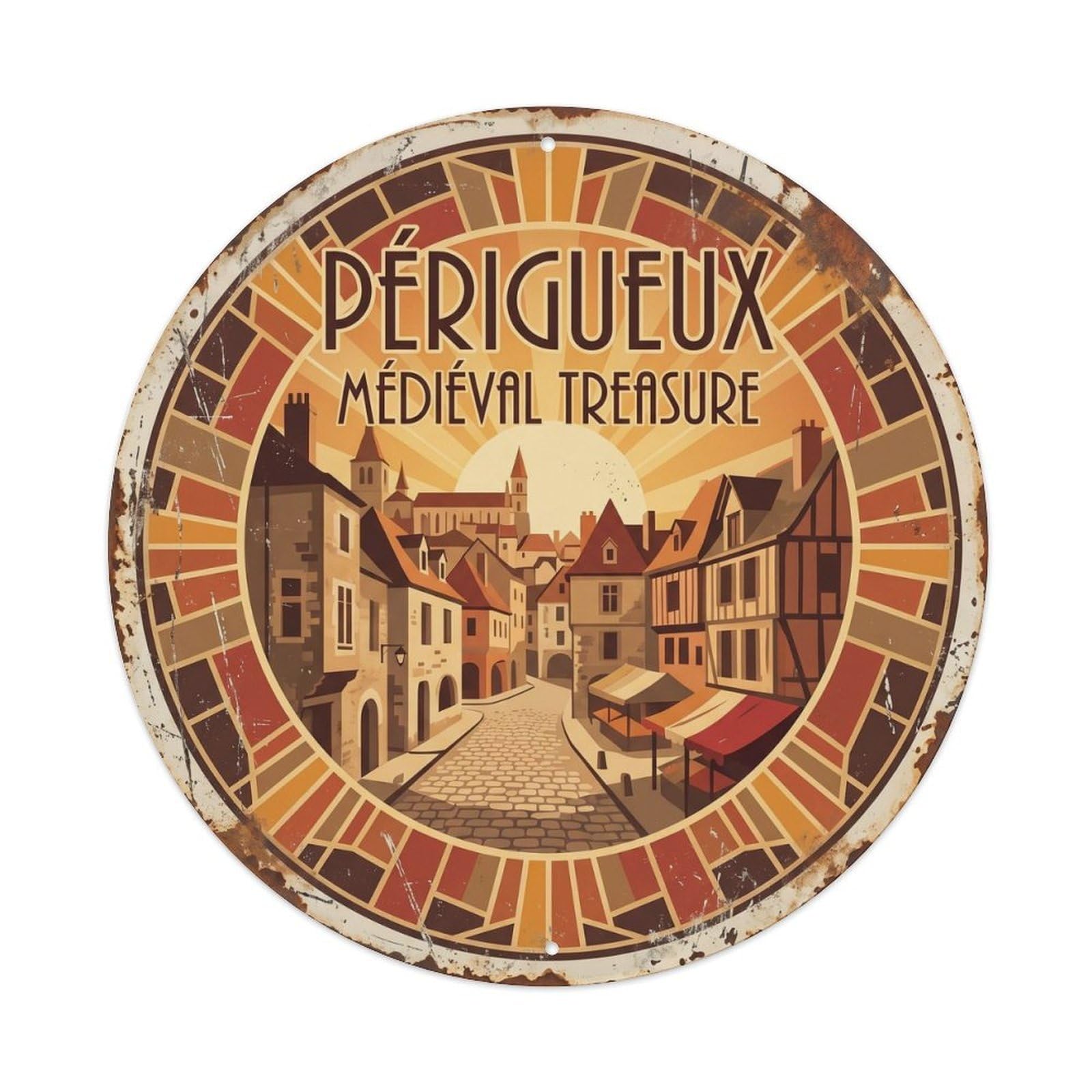 Fqcyn Style Vintage Travel Perigueux France Medieval Metal Tin Sign Plaque Wall Decor For Cafe, Club Bar, Office, Home Garden Round Metal Poster 8X8inch