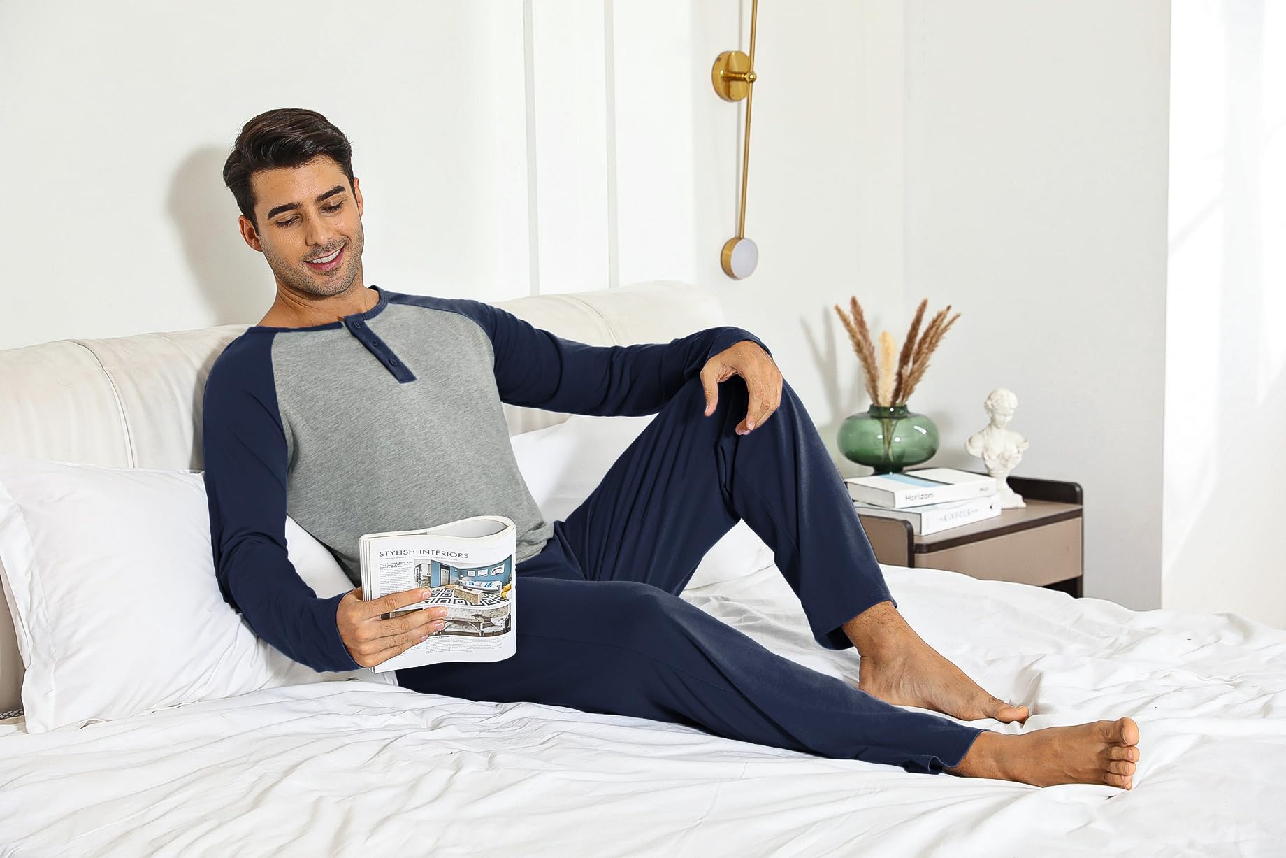 Migcaput Pigiama Cotone da Uomo Set Lungo Comodo Pigiami Due Pezzi da Uomo Pigiama Manica Lunga Pigiama con Tasche con Bottoni