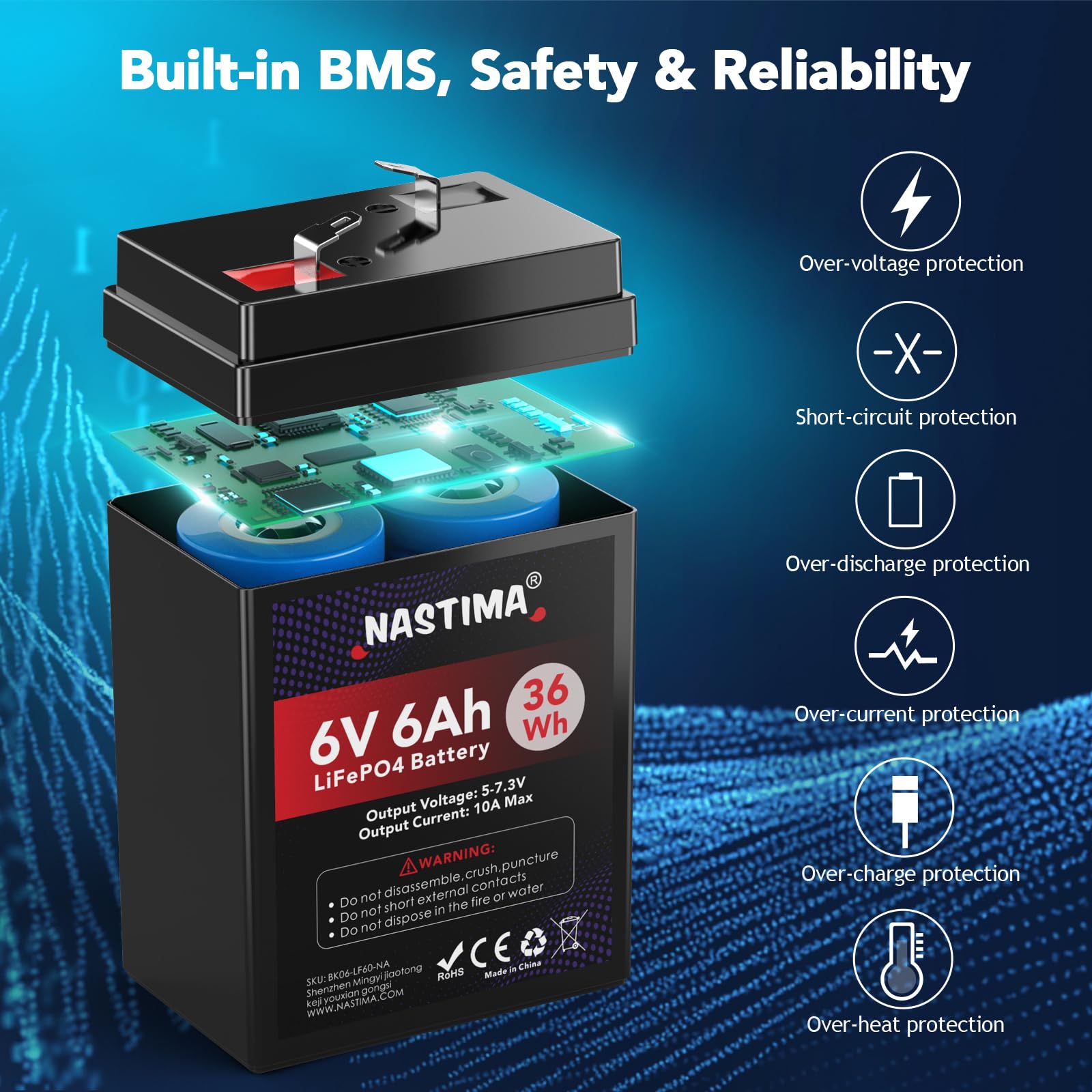 NASTIMA Batterie Rechargeable 6V 6Ah LiFePO4 avec Protection BMS et Cycle Profond 2000, adaptée aux Kits de Éclairage Électrique de Secours, Voitures Jouets pour Enfants, Bateaux à Moteur, Camping