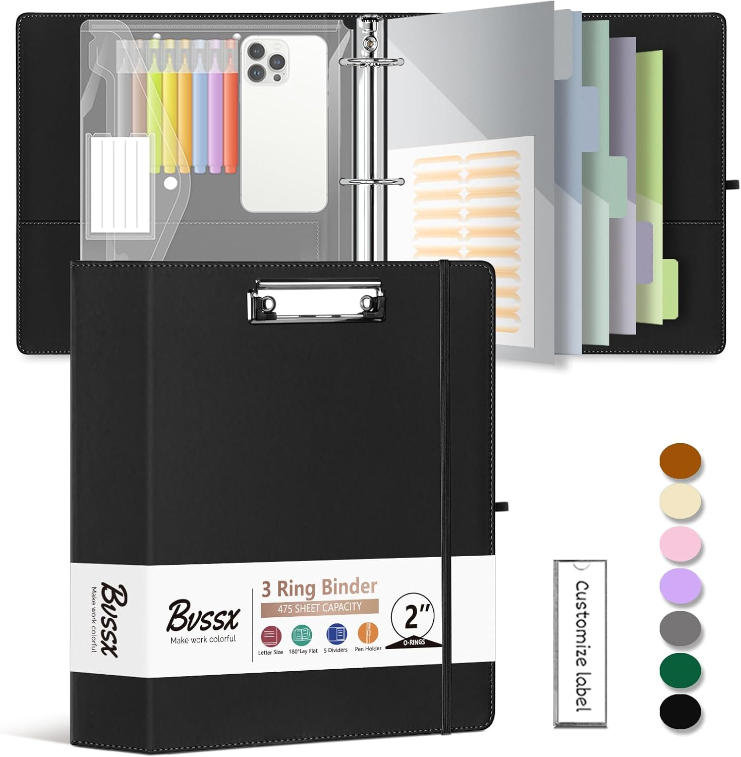 Leather 3 Ring Binder, 2 Inch Binders with Clipboards, 5-Tabs Pockets Dividers, 18 Divider Stikers, Plastic Folder, Pen Holder, Three Ring Binder with Pen Holder(Black, Letter Size)
