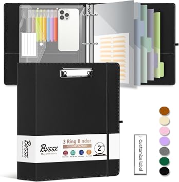 Leather 3 Ring Binder, 2 Inch Binders with Clipboards, 5-Tabs Pockets Dividers, 18 Divider Stikers, Plastic Folder, Pen Holder, Three Ring Binder with Pen HolderBlack, Letter Size
