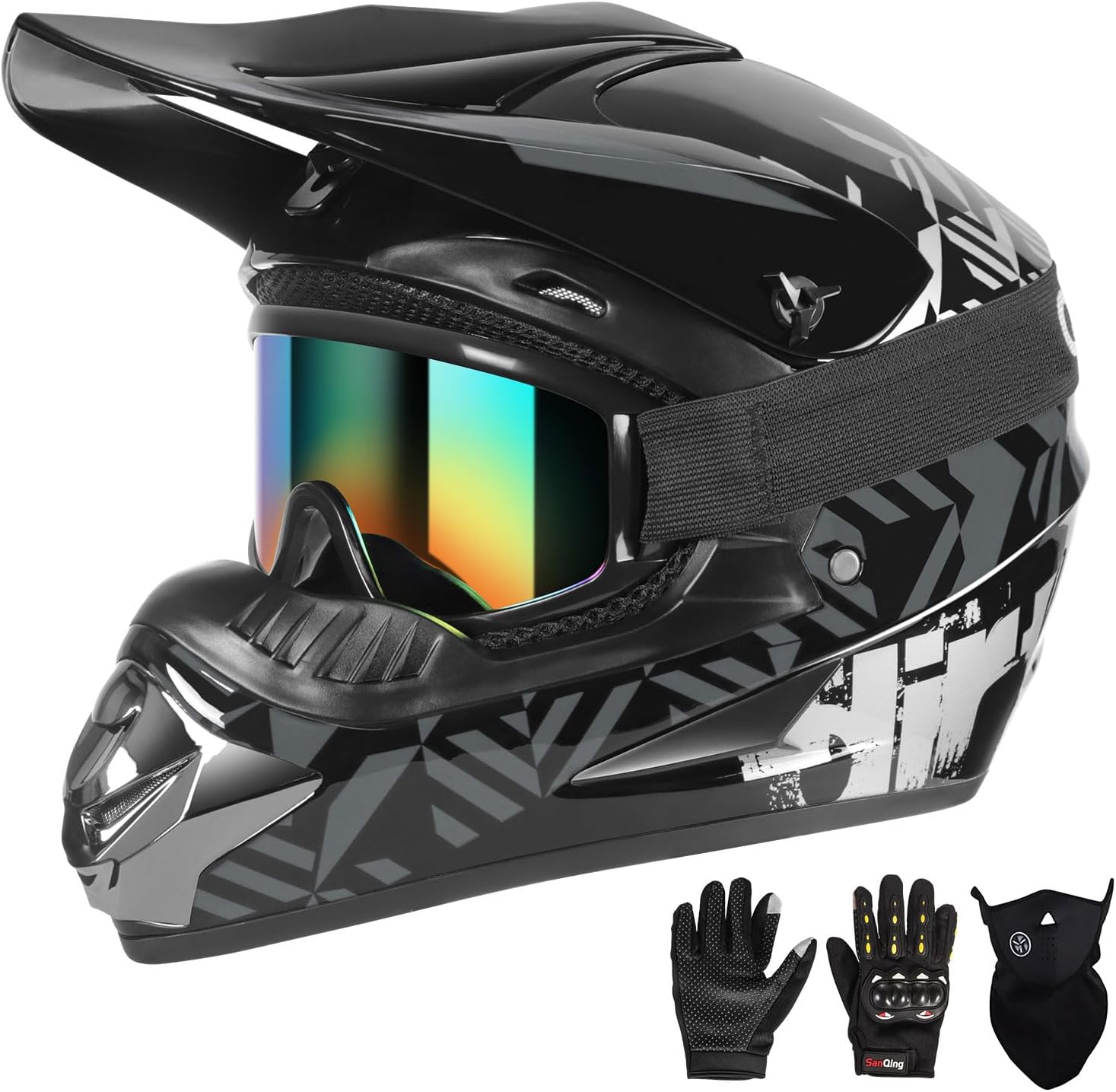 SPARK DOT Certified Youth Motocross Helmet Kids Dirt Bike Helmets - Full Face, Lightweight & Breathable for Off-Road E-Bike BMX MX ATV (with Gloves Goggles Mask) 4Pcs Set Medium 1 Grey