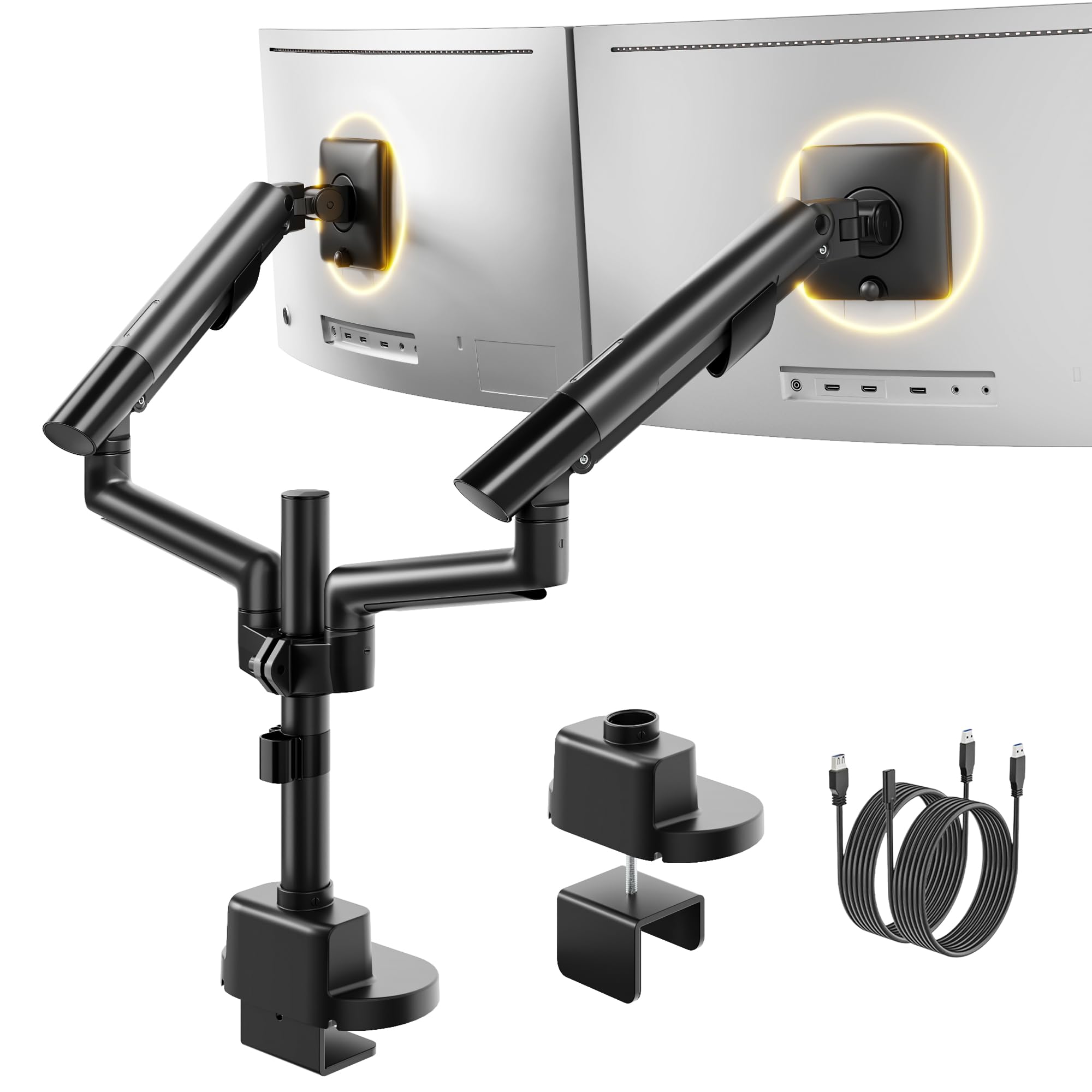 monTEK Brazo Monitor Doble con USB A/C 3.0 para Monitore de 17a 35 Pulgadas | Soporte de Doble Pantalla Resistente hasta 11kg, Brazo Articulado Inclinable y Giratorio, VESA 75/100mm, Negro