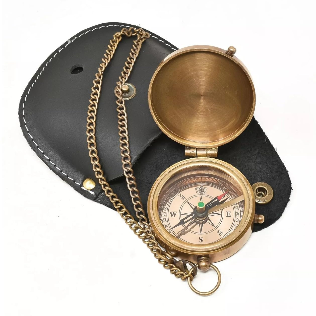 AH Enterprises Vintage Brass Nautical Compass with Leather Case and Chain, Decorative Gift-image-7