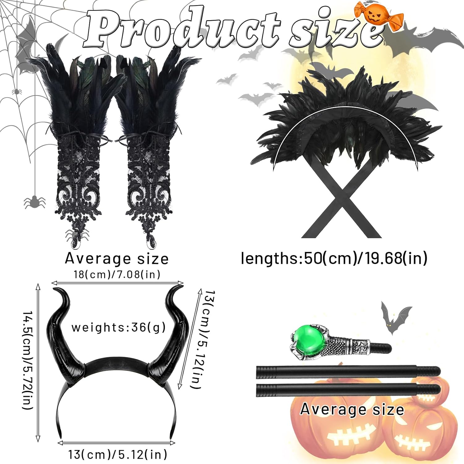 4Pcs Witch Costume Kids Evil Witch Accessories Gothic Devil Black Queen Horns Hairband Scarf Wand Gloves Cosplay Halloween Props - Image 3