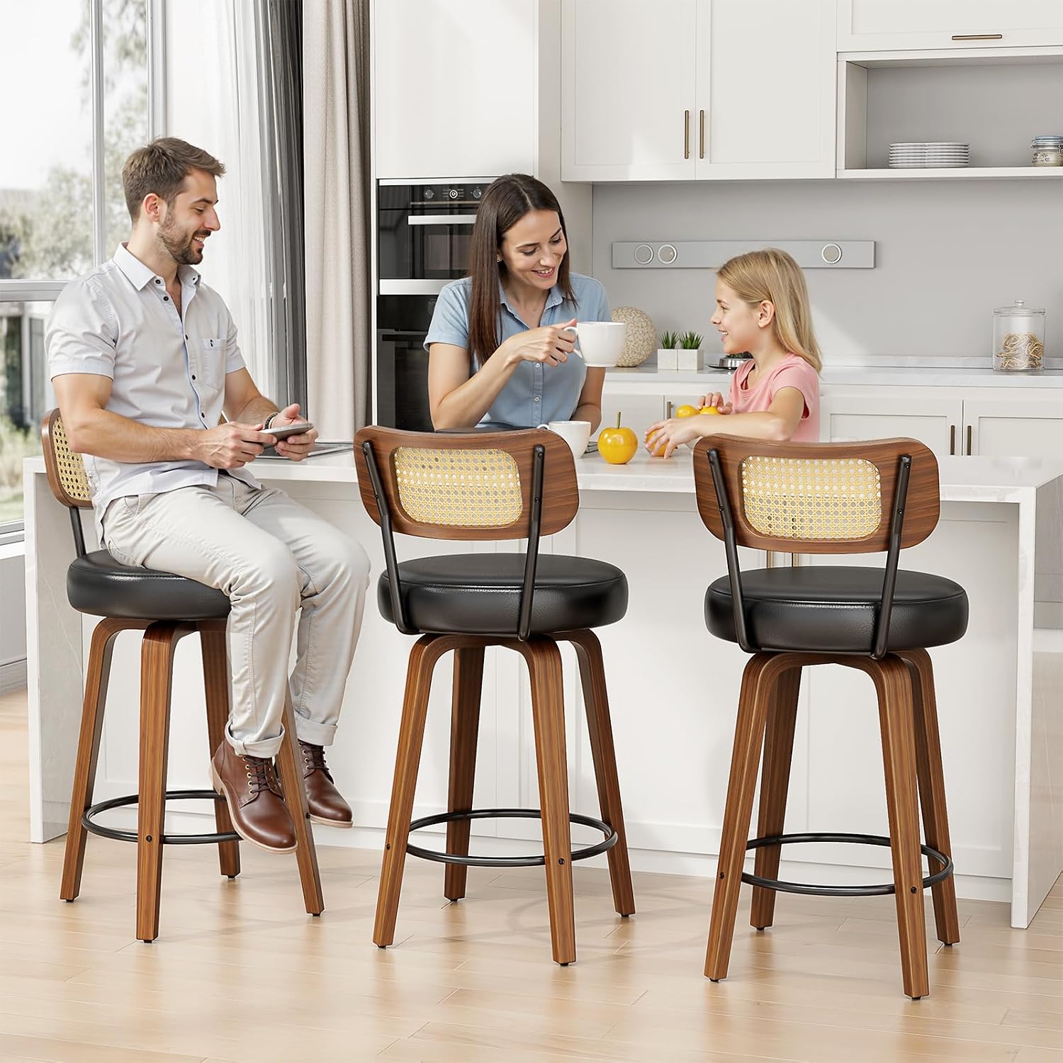 YaFiti Swivel Bar Stools Set of 4, 26" Upholstered Barstools with Rattan Backs and Wood Legs, Modern PU Leather Counter Height Bar Chairs for Kitchen Island, Black