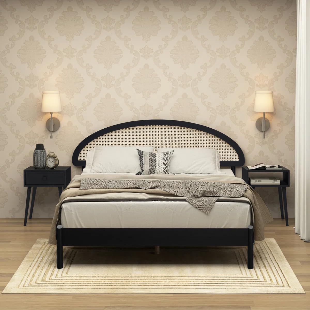 Queen Bed Frame with Rattan Headboard, Walnut Brown Solid Wood Platform, Mid-Century Modern Style, 209.8 x 176.5 x 106.9 cm (Black, Queen (U.K. Standard))-image-40