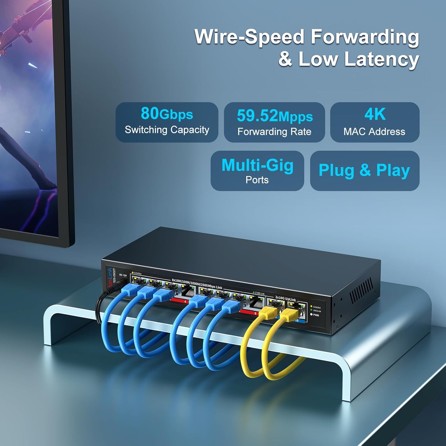 10Gb Ethernet Switch with 8 x 2.5GbE RJ45 + 2 x 10GbE RJ45 Ports, VunLink 10 Port Unmanaged 2.5G/10G Multi-Gigabit Network Switch, Plug & Play, Desktop/Wall-Mount, Ideal for NAS, Gaming, Home Office