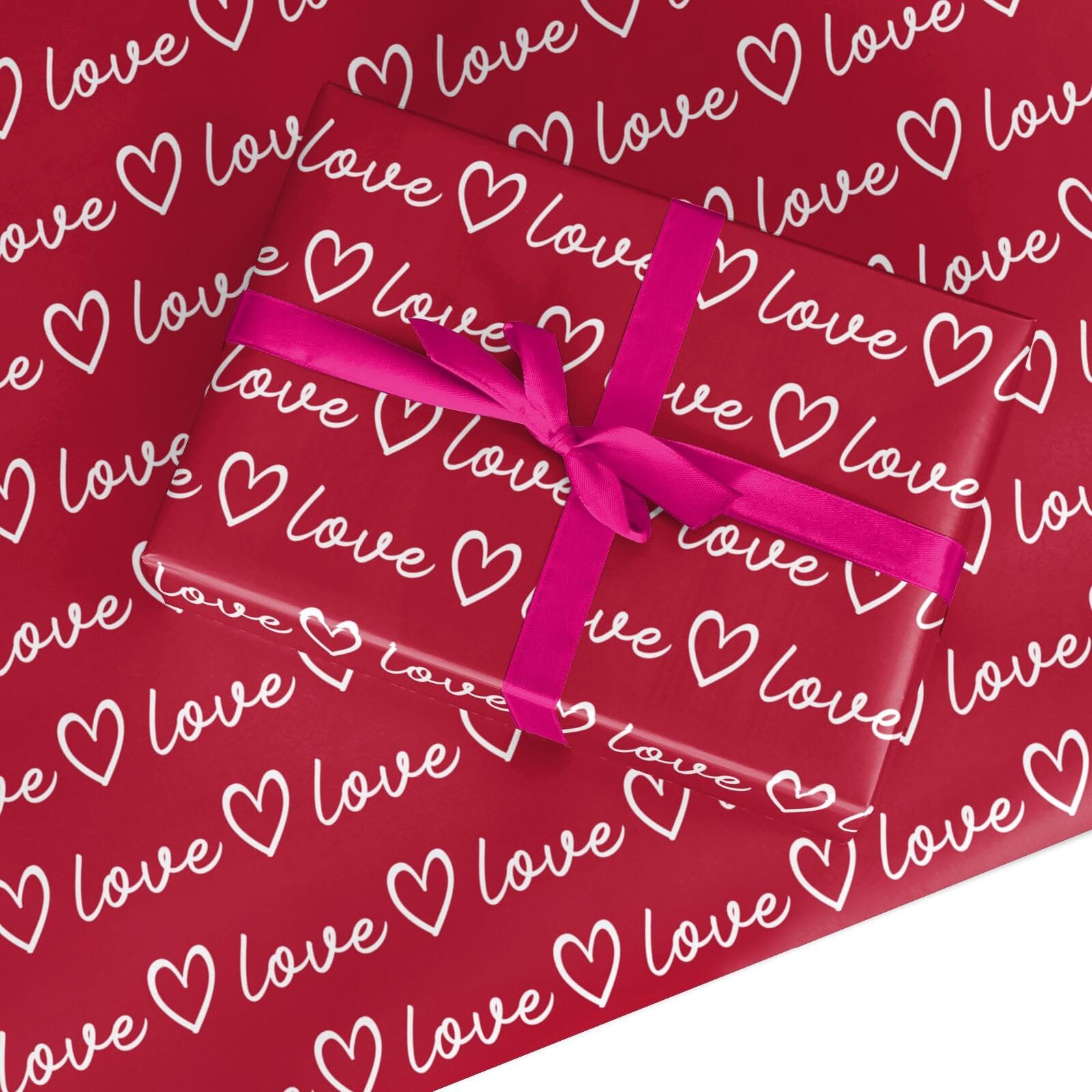 Love Script Wrapping Paper - Wedding Anniversary Birthday Valentines Day Gift Wrap for Couples Women and Men - Red and White Love Text Design Present Paper Made in the UK - 6 Sheets (50x70cm)
