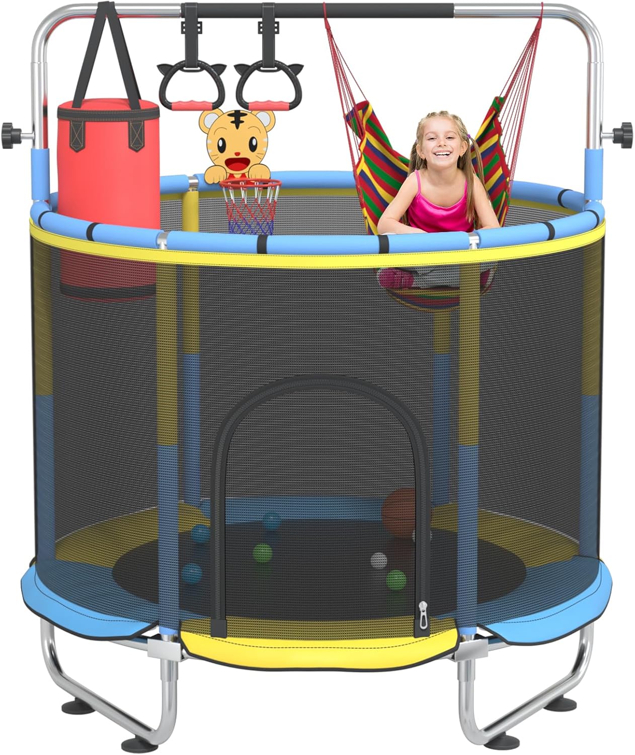 Kids' Trampoline, 60" Indoor & Outdoor Toddler Trampoline with Adjustable Gymnastics Bar & Basketball Hoop, Ideal Toy Gift for Boys & Girls