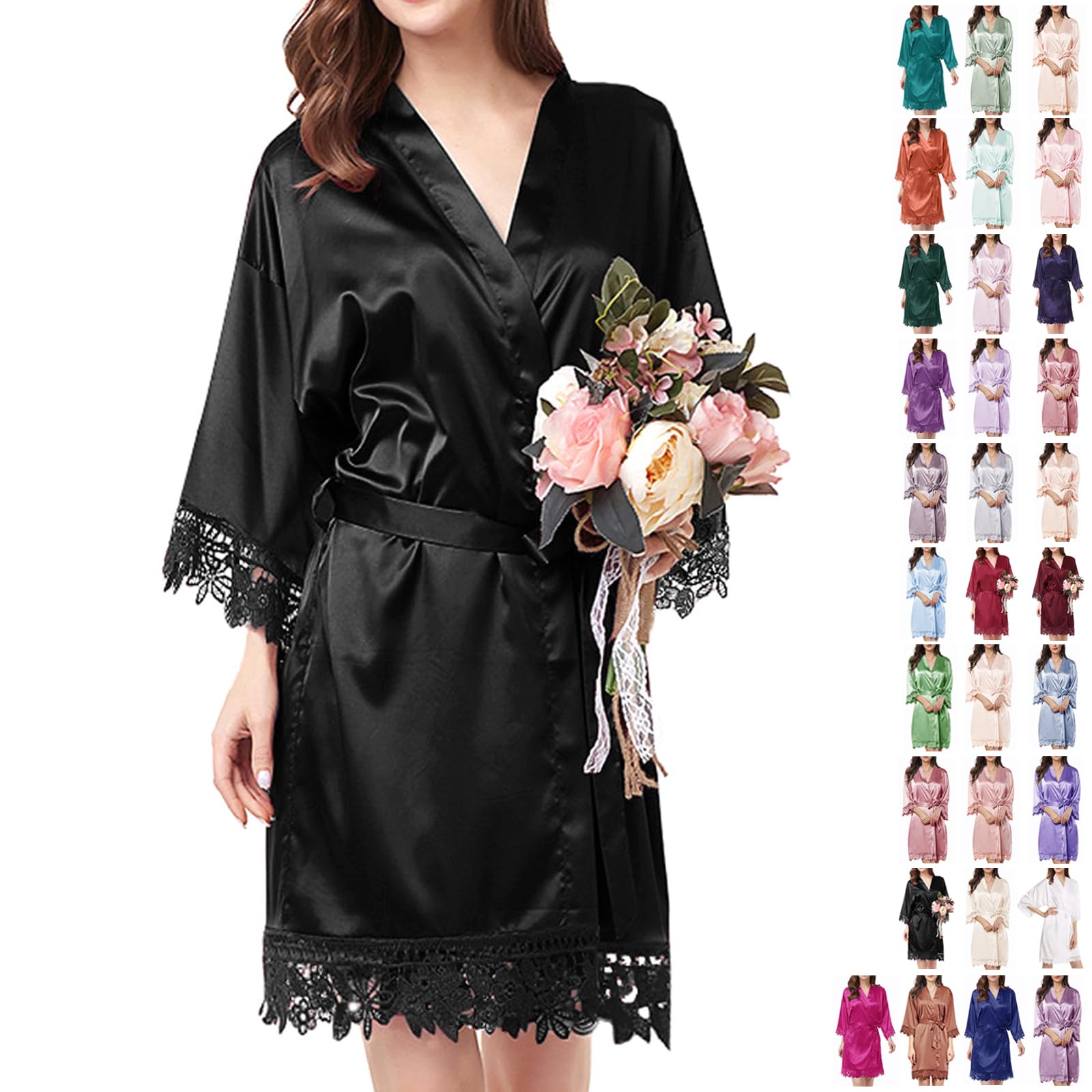 Womens Silk Robe Satin Robe Silky Kimono Lace Bathrobe Sleepwear Wedding For Bridal Bride Bridesmaid Robes