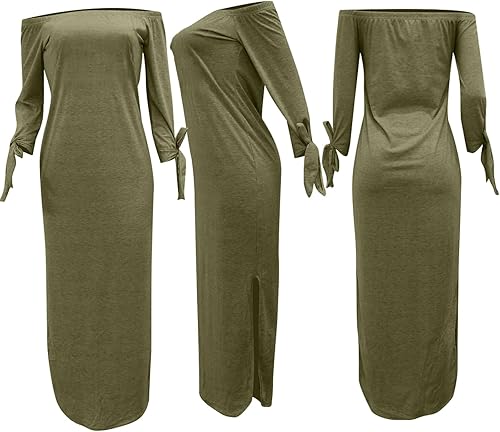 Miniatura 4 de Oluolin - Vestido largo con estampado de letras y hombros descubiertos, manga larga, con moño en los laterales, abertura, holgado, maxi vestido