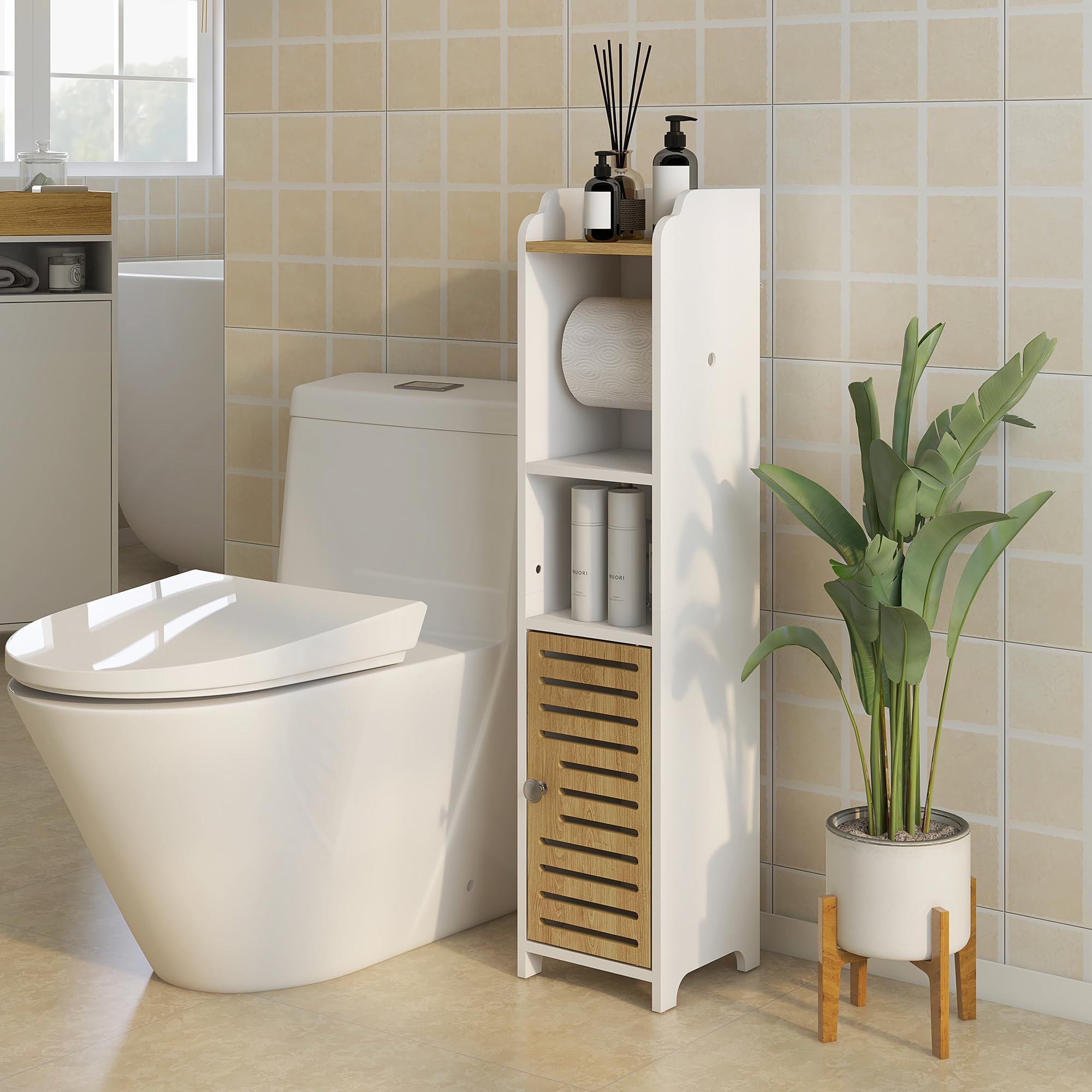 kleankin Armario de Baño Moderno con 1 Puerta 18x20x90 cm Blanco y Roble | Columna Auxiliar de Baño, con Estantes, Portarrollos de Papel, para Dormitorio Sala
