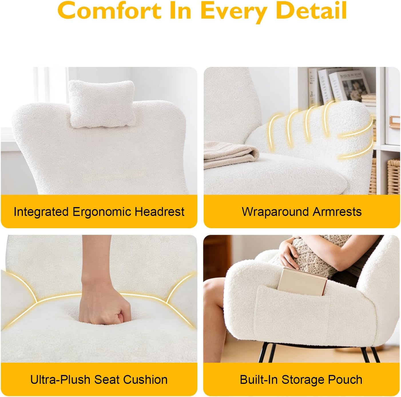 Teddy Glider Rocker Chair, Upholstered Rocking Chair for Nursery, Accent Chair with Headrest/Side Pocket, Comfy Baby Rocker Armchair & Adult Rocking Chair (Teddy, White, Single)