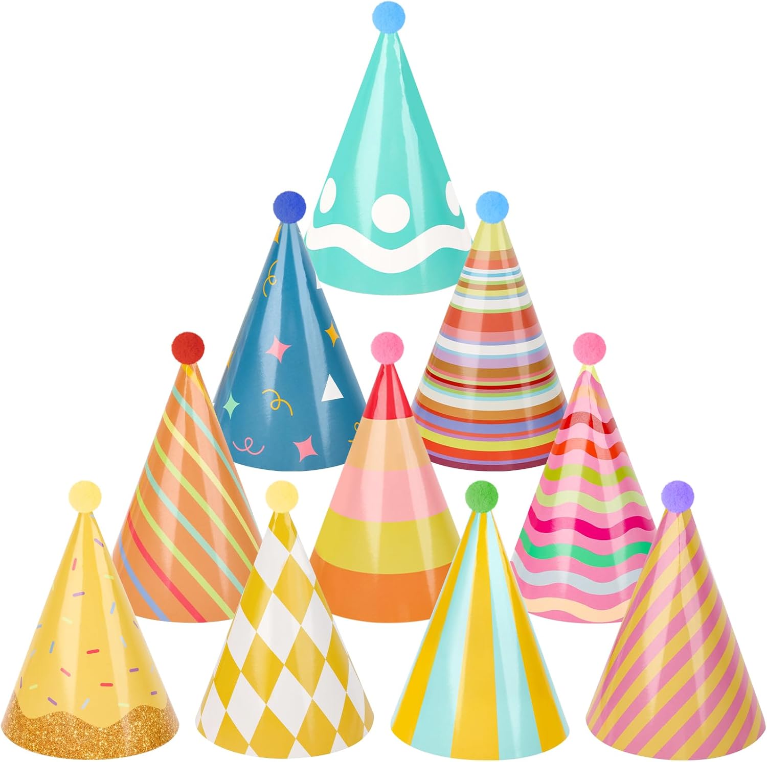 Hxezoc 10 Pcs Colorful Birthday Party Hats Paper Cone Party Hats with Pom Poms Colorful Paper Headwear for Kids Adults Birthday Baby Shower Holiday Decor Supplies