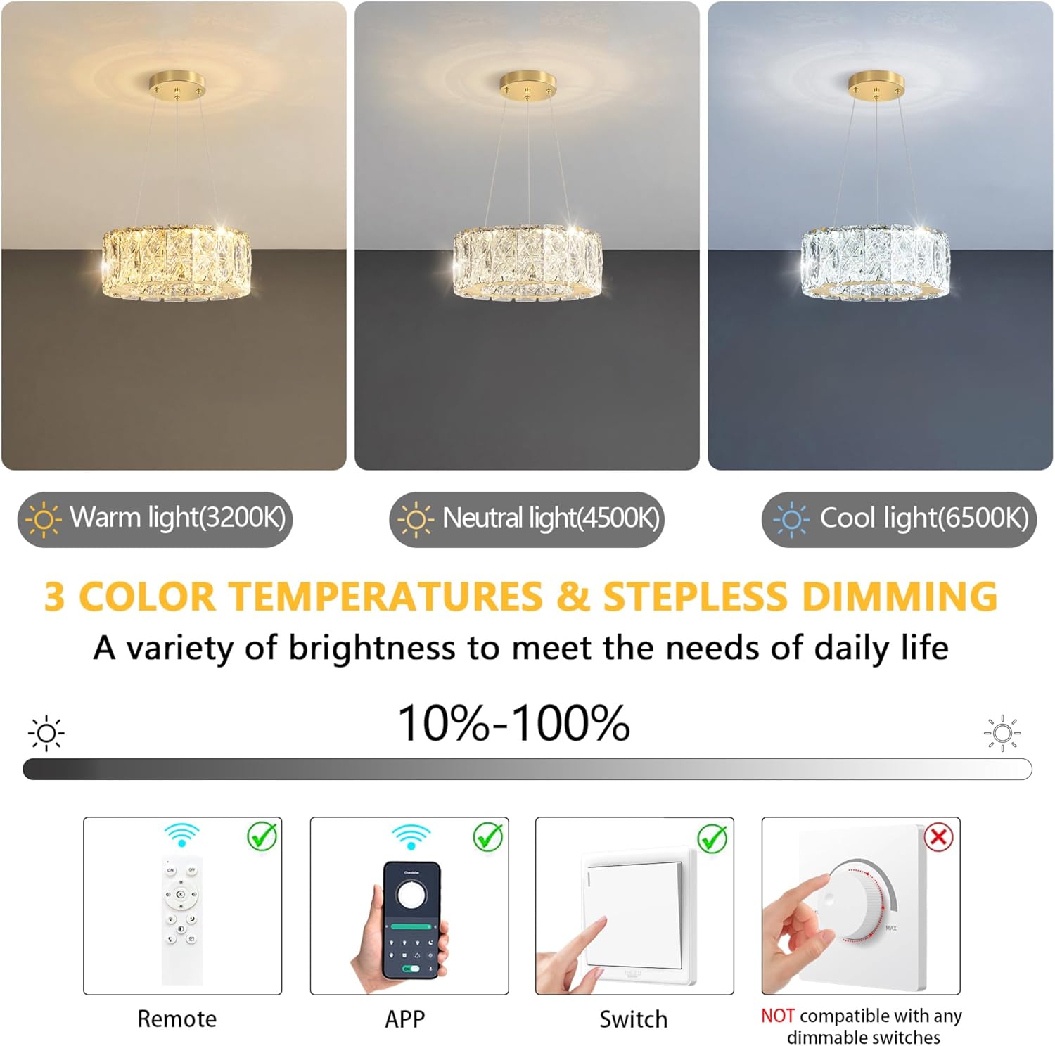 Modern Crystal Chandelier 8W Dimmable LED Crystal Pendant Light Fixtures Height Adjustable Round Gold Chandeliers for Dining Room Hallway Bedroom