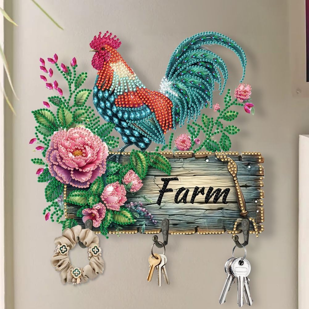 DIY 5D Farm Flowers Cock Diamond Painting Wall Hooks Coat Hooks Wall Mounted Wooden Coat Rack with 3 Black Metal Hooks Rooster Diamond Art Decorative Hooks Rail for Hanging, Bathroom, Entryway image 2