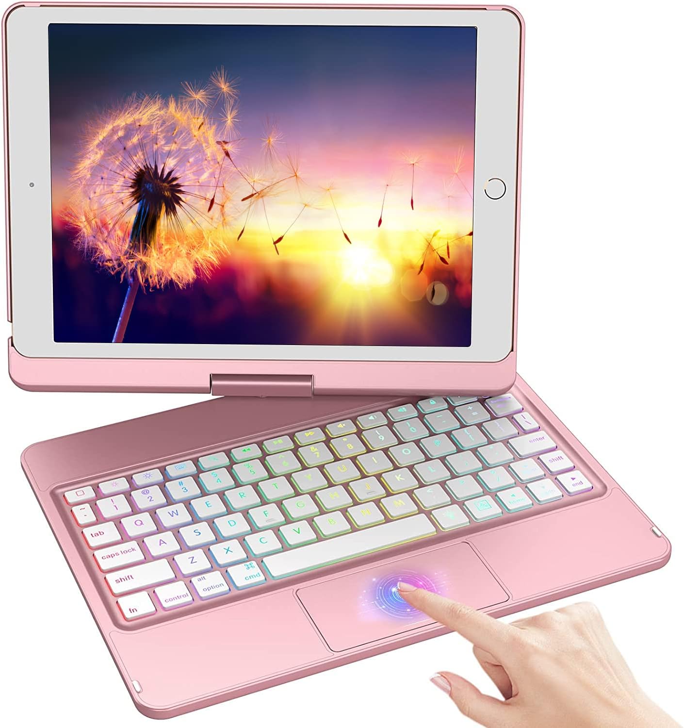 Touchpad Keyboard Case for iPad 10.2 inch 9th Generation 2021, iPad 8th Gen Case with Keyboard - 360 Rotatable 7 Color Backlight, iPad 10.2 9th Gen/8th Gen/7th Gen 2019 Case with Keyboard (Rose Gold)