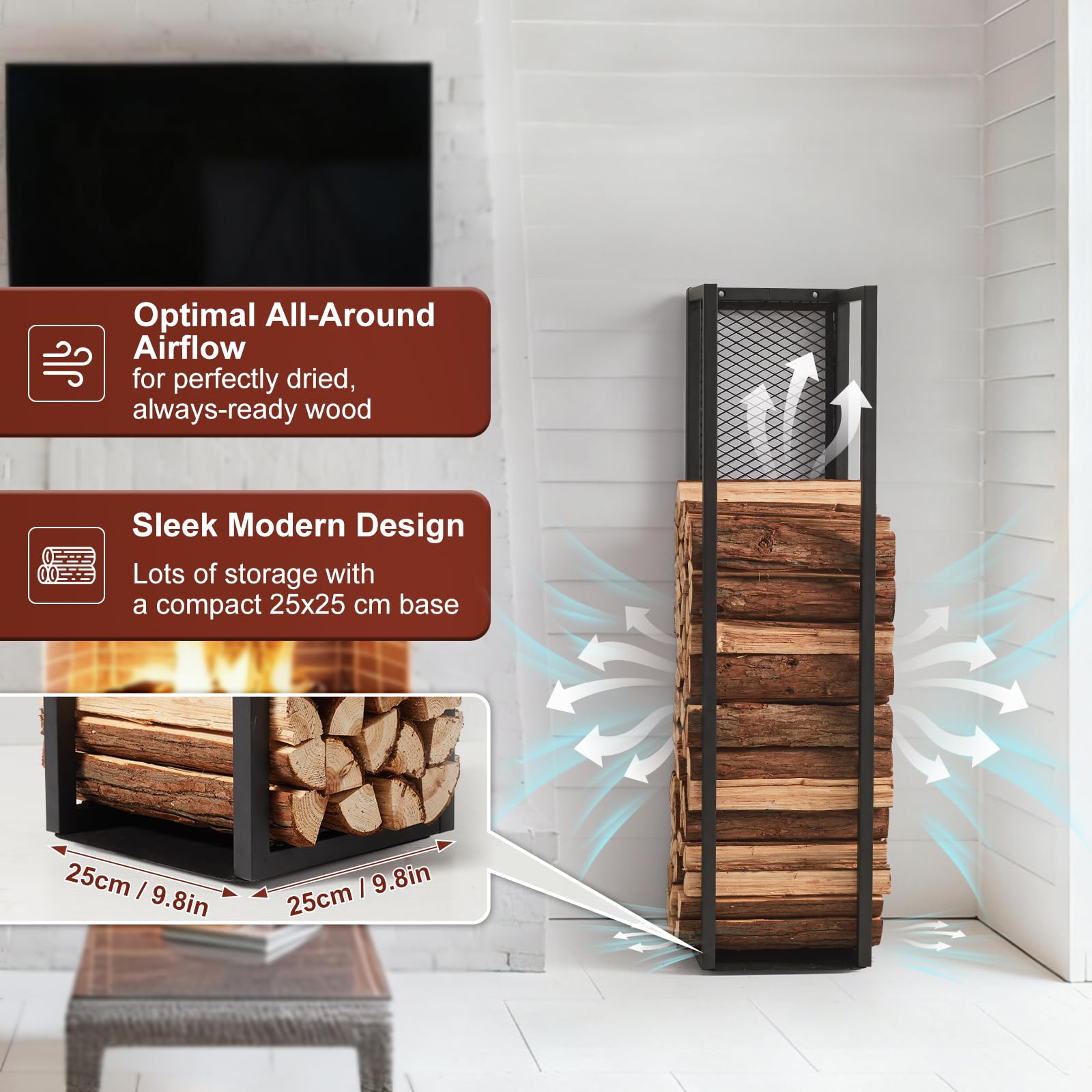Metall Kaminholzregal Innen mit Rückwand, Wand Brennholzregal Innen 100 cm Kaminholzständer Feuerholzregal Schwarz für Kaminholz Brennholz, Kaminholzhalter Kaminholzlager innen & außen