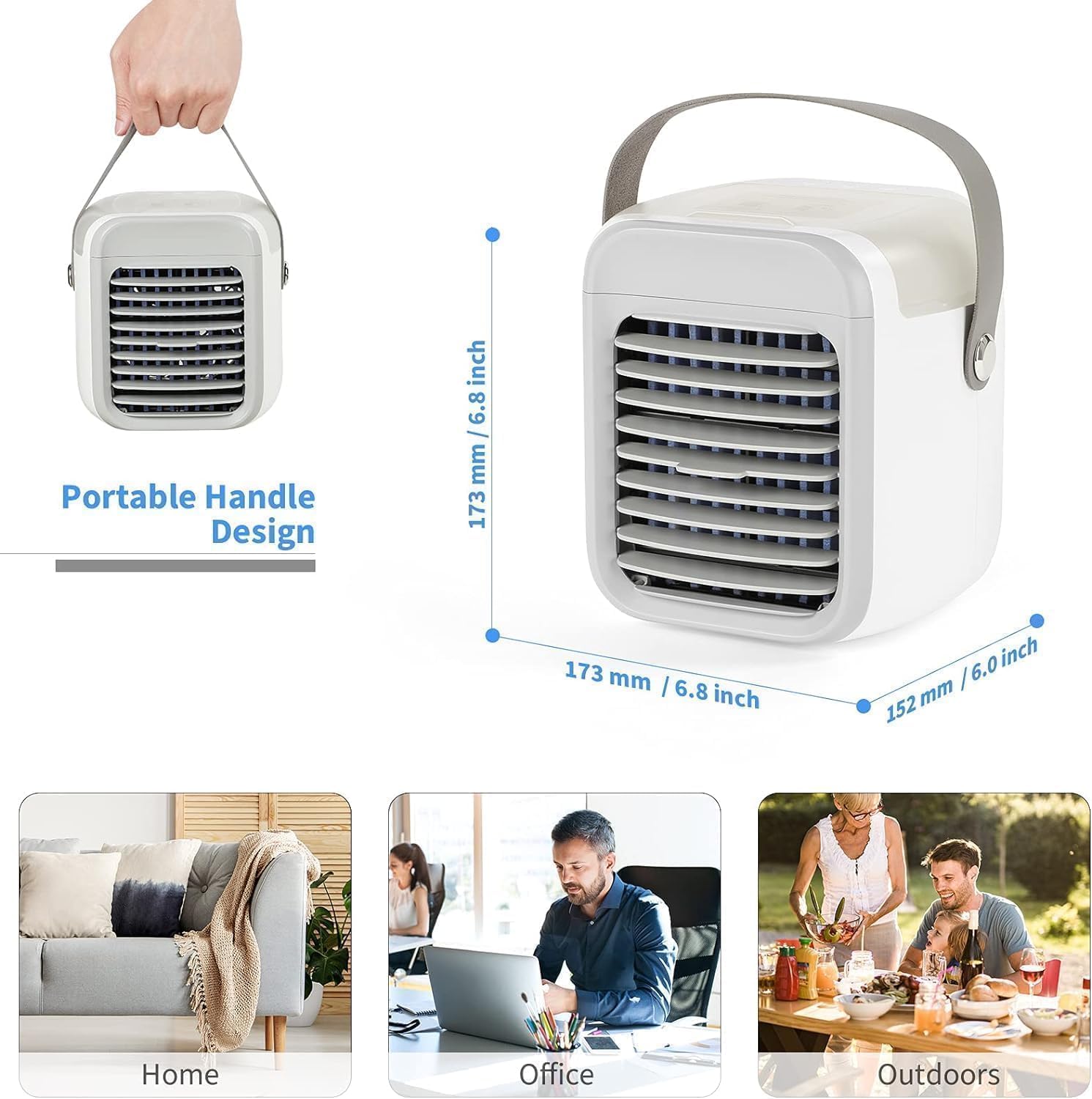 Aire acondicionado portátil, 4 en 1, mini enfriador de aire, enfriador de aire USB silencioso con depósito de agua, asa portátil, 7 luces LED, 3 velocidades