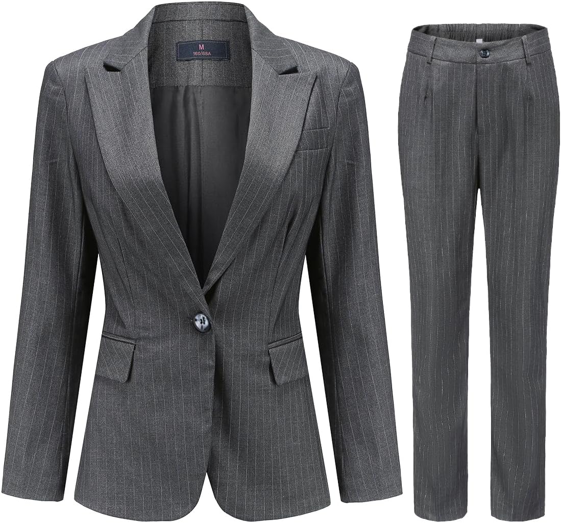 YYNUDA Women's Business 2 Piece Office Lady Pinstripe Suit Set Slim Fit Blazer and Pants