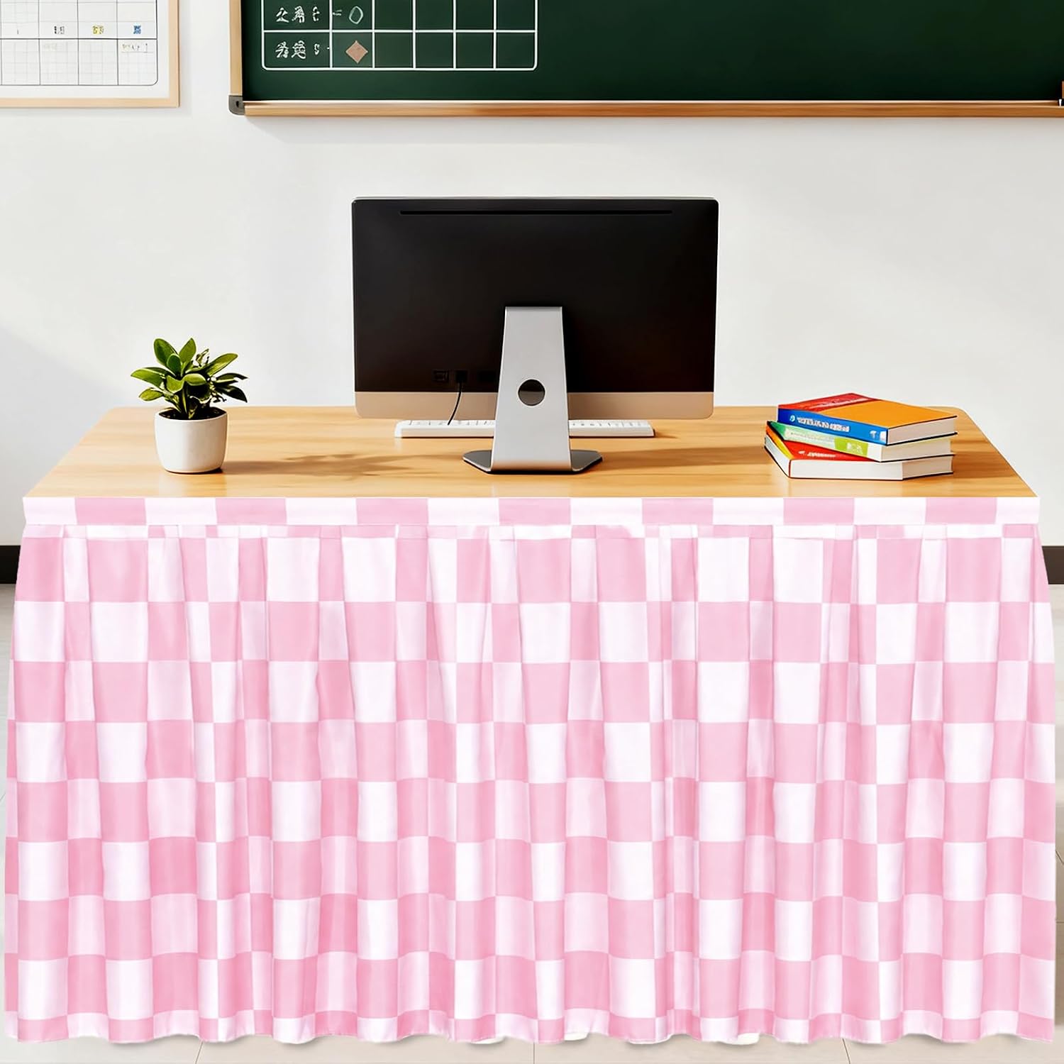 QOUBAI 14ft Pink Checkered Table Skirt Cloths for Classroom Teacher Desk
