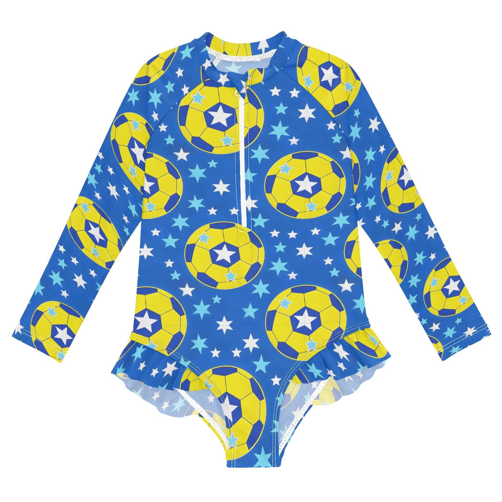 ALAZA Swimsuit for Girls Long Sleeve Rashguard Bathing Suit Yellow Soccer Star Quick Dry 4T