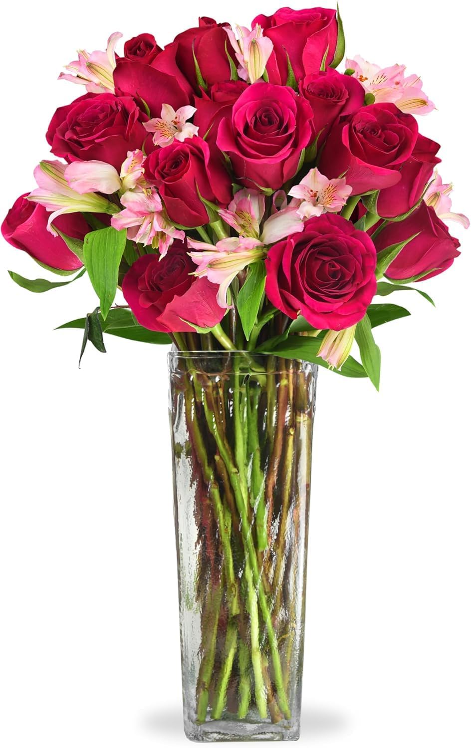 Live Flowers Bouquet with Glass Vase - Fresh Real Flowers for Happy Birthday, Get Well Flowers for Women, Anniversary, or Christmas. Includes Charming Roses & Alstroemeria