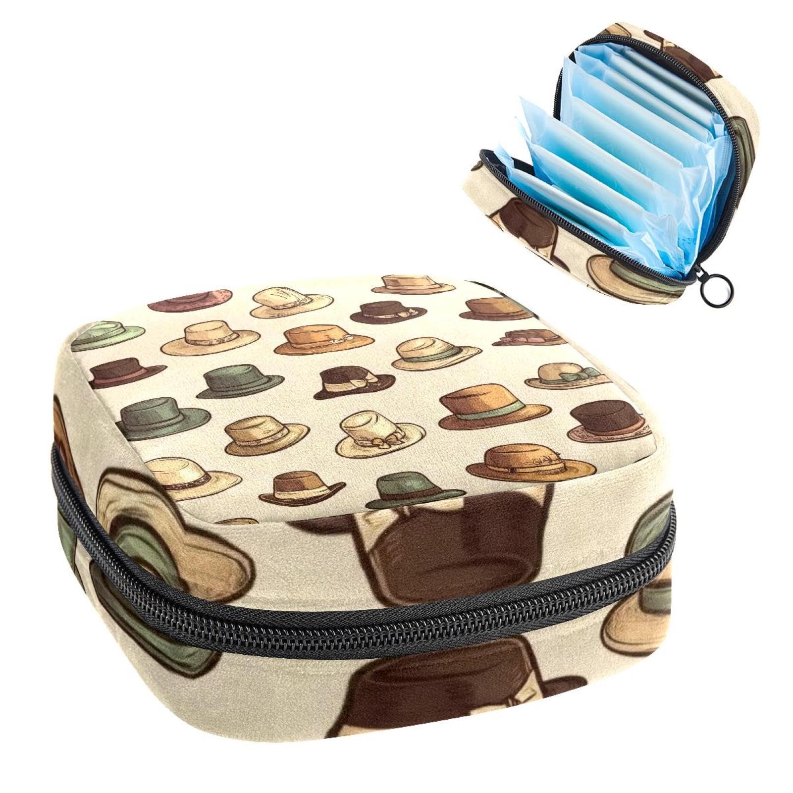 Portable Menstrual Pad Bags, Large Capacity Sanitary Napkin Storage Bag, First Period Kit for Girls Women, Zipper Nursing Pad Holder Western Cowboy Caps Vintage Background