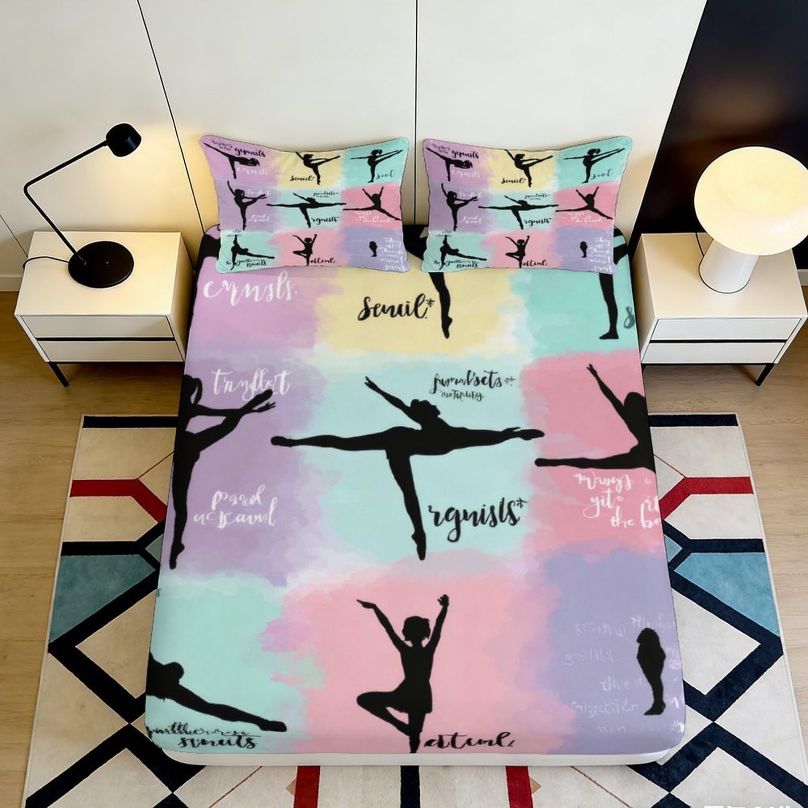 3D Printed Ballet Silhouette Fitted Sheet Microfiber Pastel Dance Art Mattress Cover Bedroom Decor Dustproof 90x200x25cm