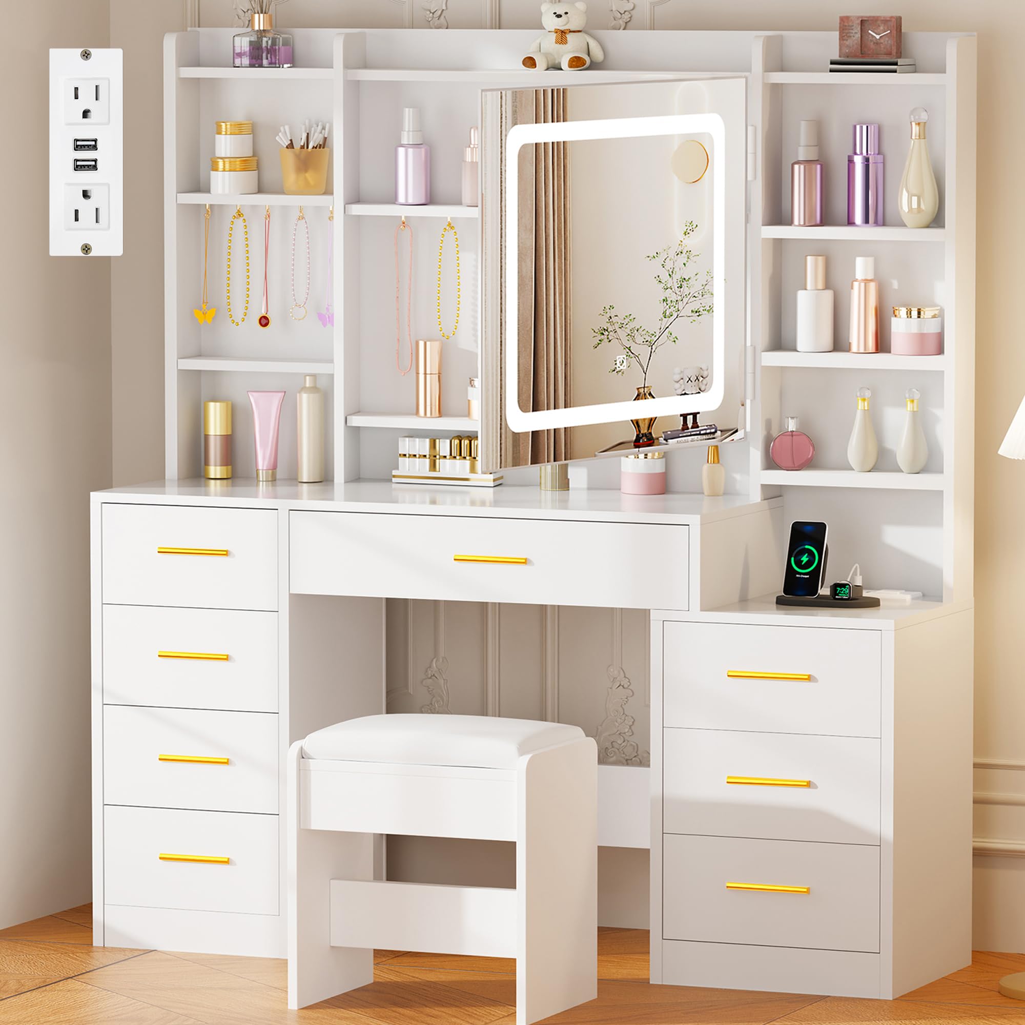 White Makeup Vanity Desk with Lights & Cushioned Stool