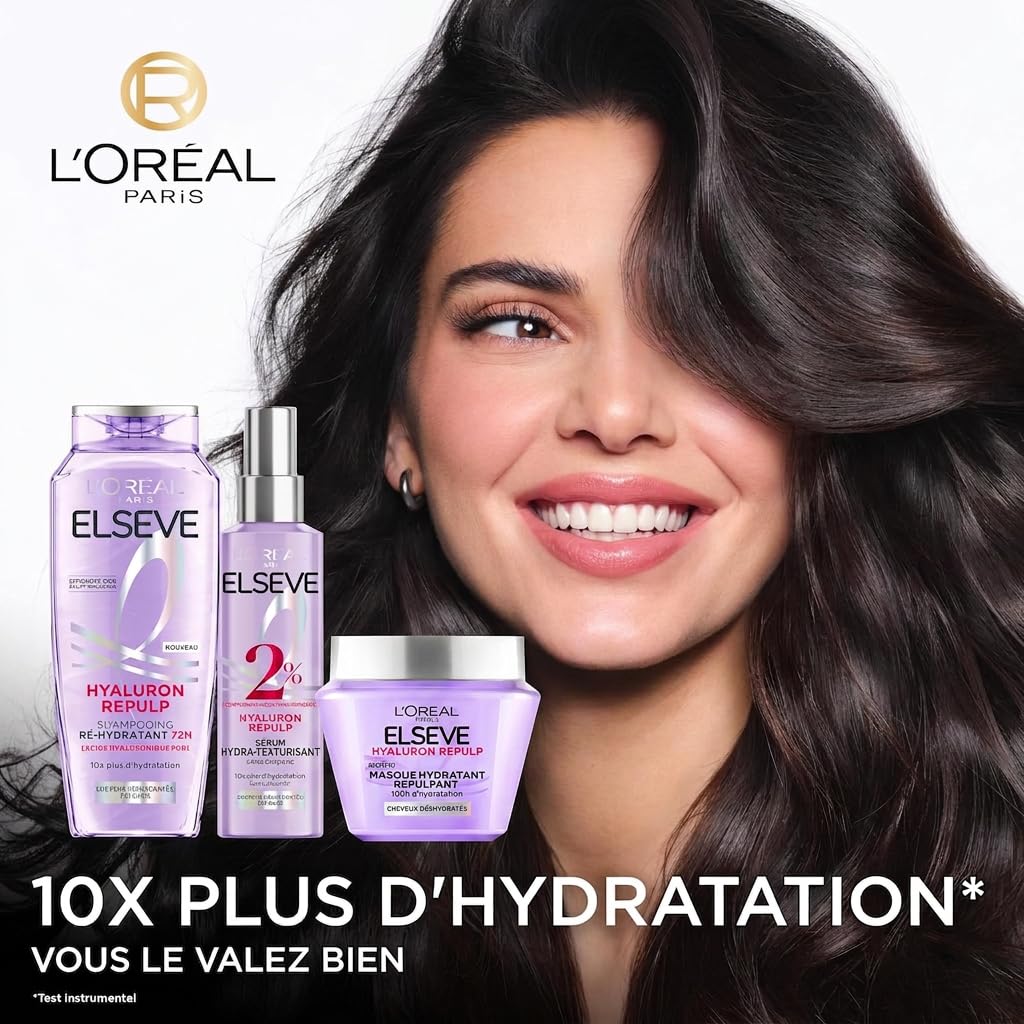 L'Oréal Paris - Routine Soin Hydratation Intense - Cheveux Déshydratés - Hydratation 72H - À l'Acide Hyaluronique - 3 Produits - Shampooing, Sérum & Masque - Elseve Hyaluron Repulp