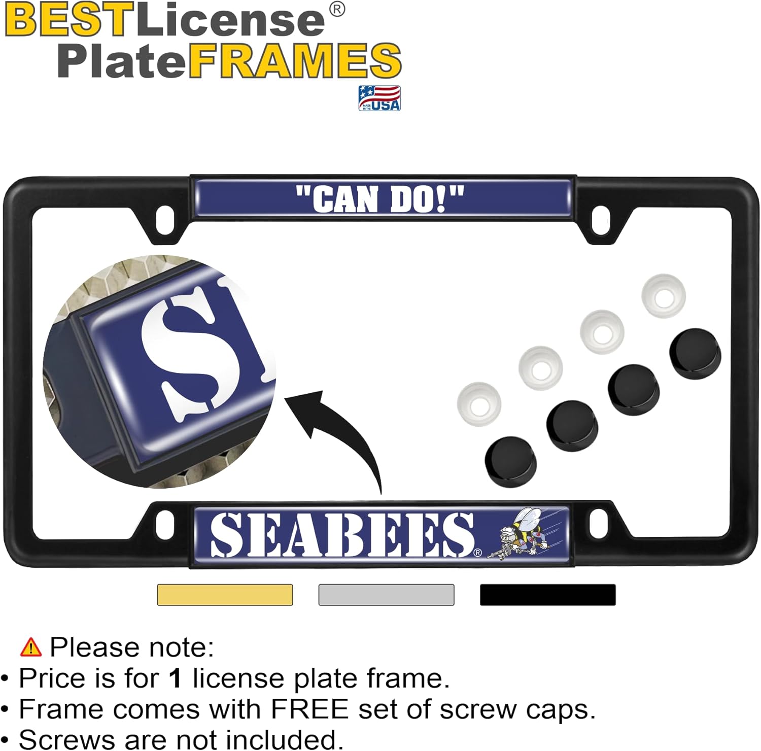 [Officially Licensed Product] - U.S. Navy Seabees - Domed Custom-Made Personalized Narrow (Thin) Top 4 Hole Metal Car License Plate Frame with Free caps - Black (Qty: 1 Frame)