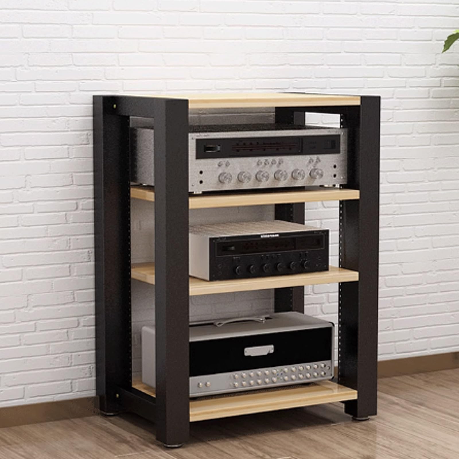 Robusto supporto AV rack – Mensola a 4 strati con tubo in acciaio resistente, torre regolabile in 4 colori (naturale + nero) per Home Theater e apparecchiature audio