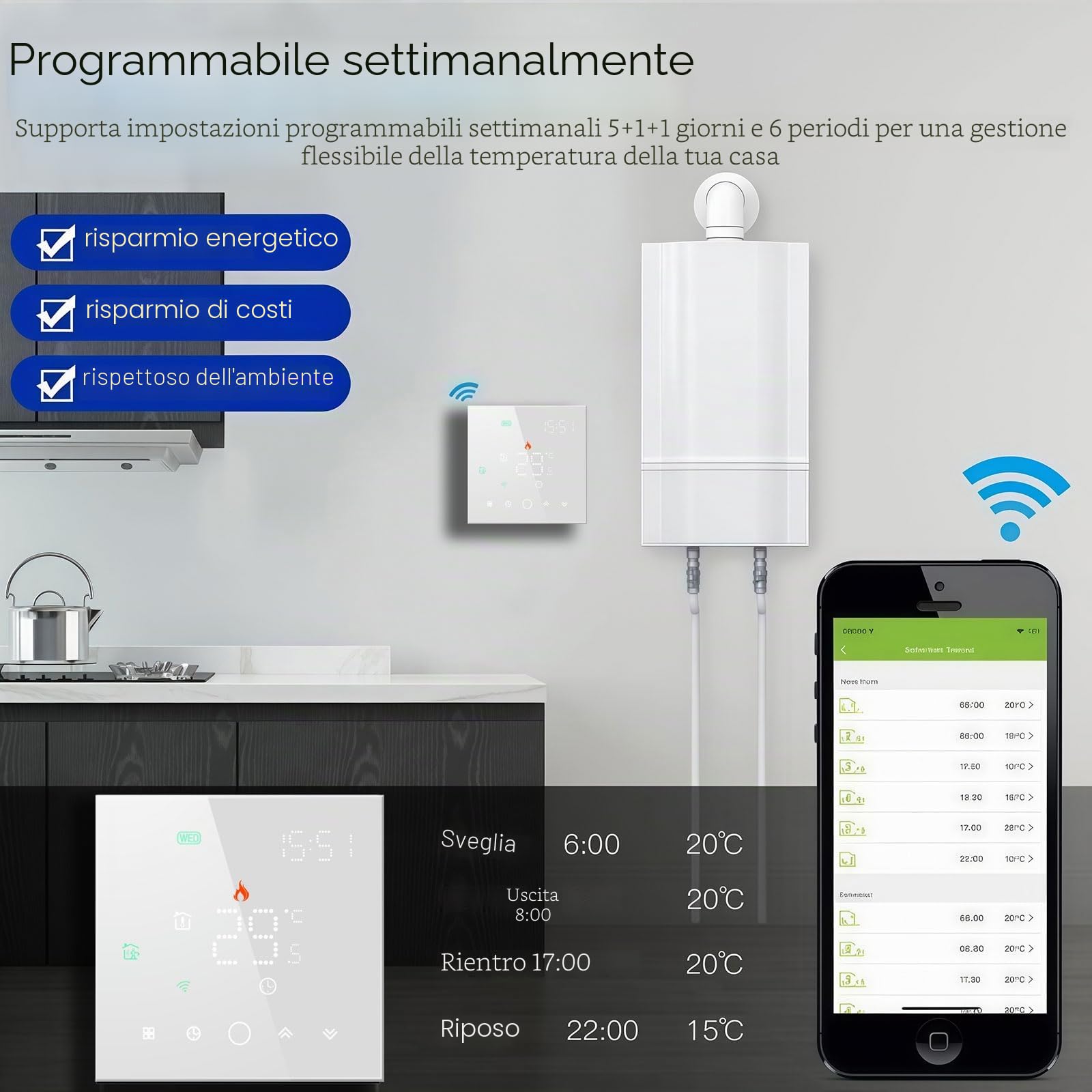 003 Serie WI-FI Termostato - Termostato Programmabile Touch Screen per Riscaldamento Acqua/Elettrico/Caldaia - Controllo Remoto Tramite Cellulare Funziona con Alexa, Google Home, IFTTT