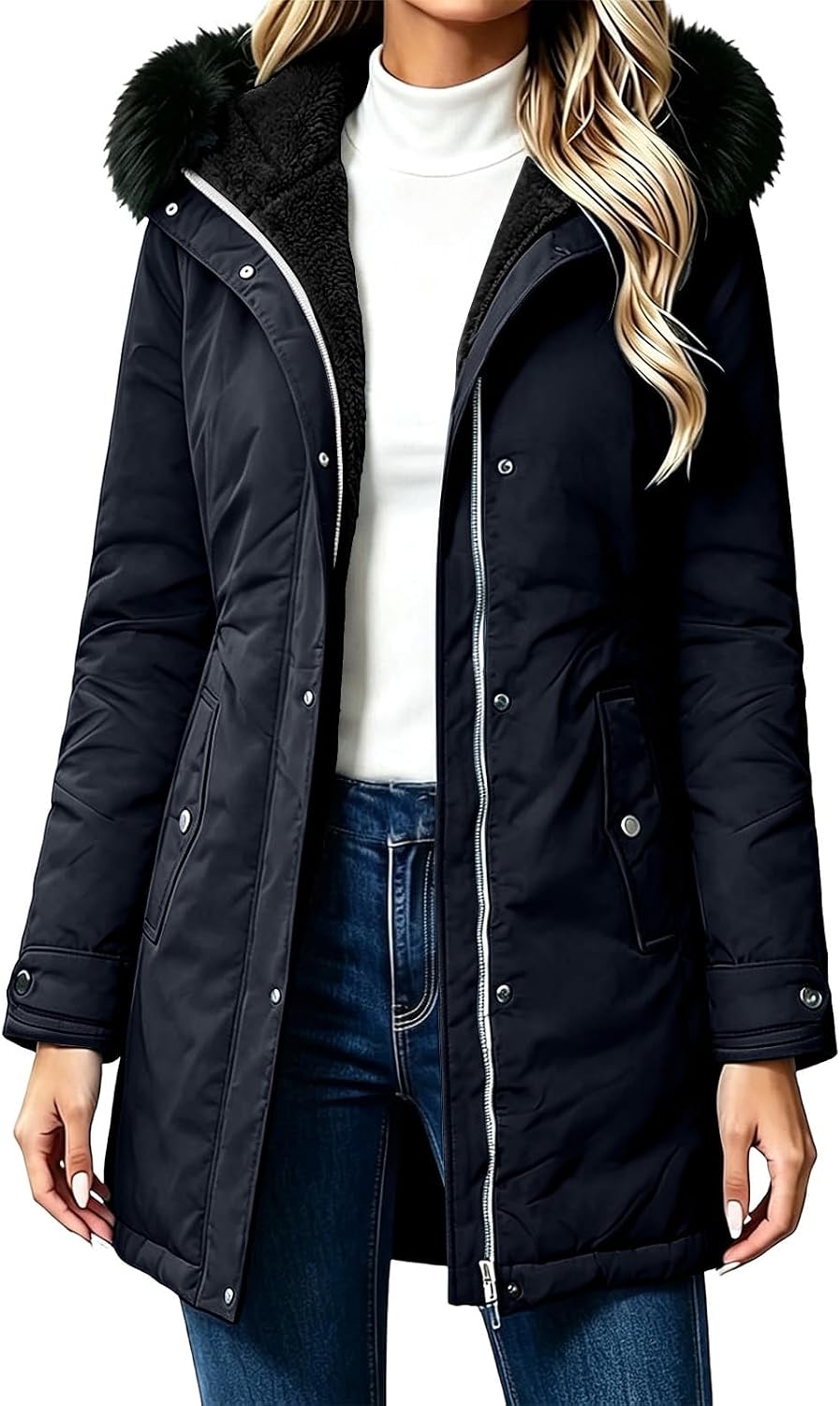 Women's Hooded Parka Fleece Lined Zip Front Casual Long Padded Coat