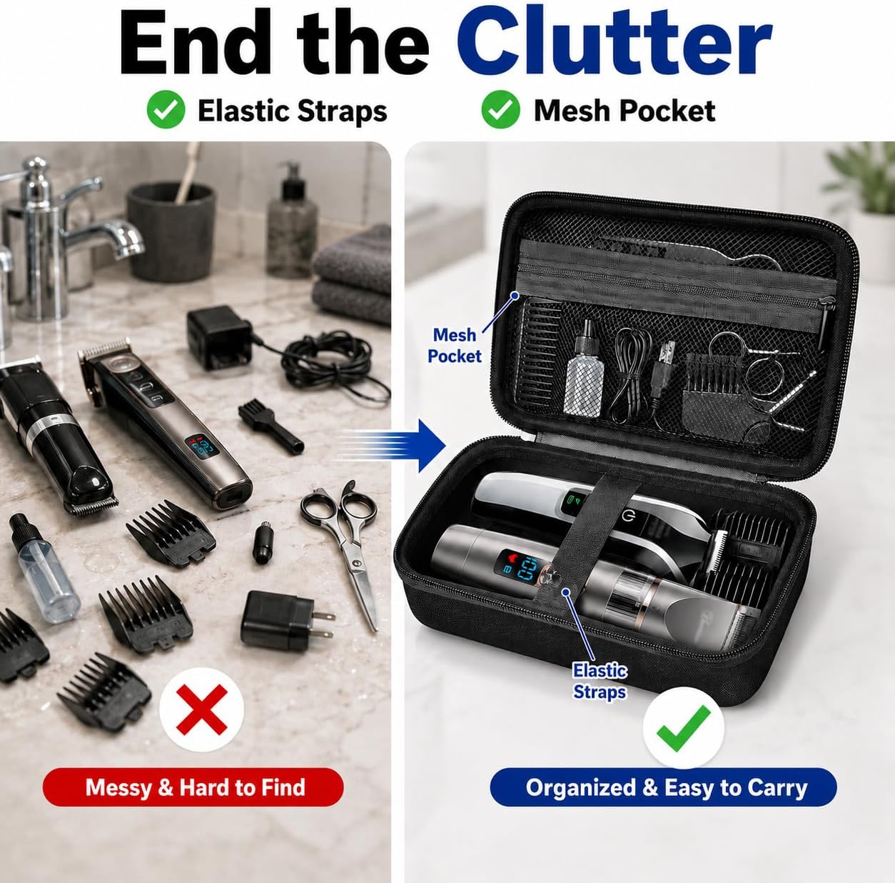 Protective Case Holds 2pcs Hair Clippers, Barber Storage Compatible with Ufree/ for Novah/ for Jack & Rose/ for FADEKING Beard Trimmer Kit, All-in-One Organizer for Shaver Set-Black Case+Black Zipper