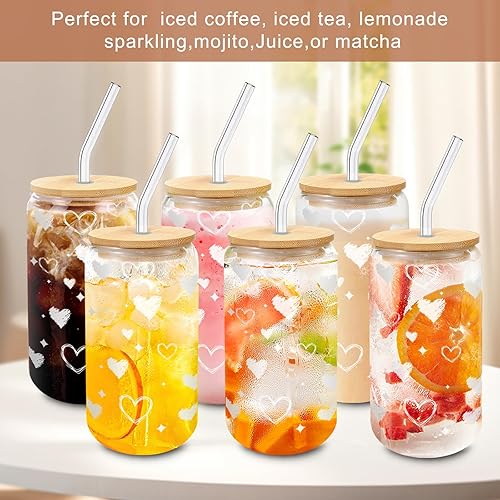 Vista 56 de Vasos de vidrio con tapas y pajitas, 1 paquete, tazas de café de vidrio, taza de vidrio con tapa para café helado, batido, cóctel, cerveza, whisky