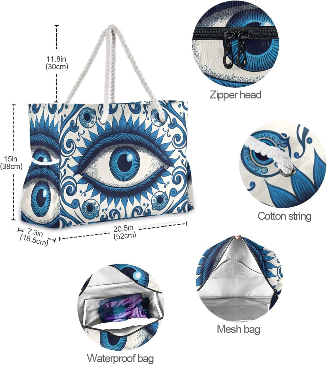 Vnurnrn Blue Patterns Eyes Evil-eye Beach Bag Tote for Women Men with Zipper, Large Shoulder Beach Tote Bag with Rope Handles, Travel Tote Bag for Seaside Gym Pool Daily, 20.5 X 7.3 X 15 inch
